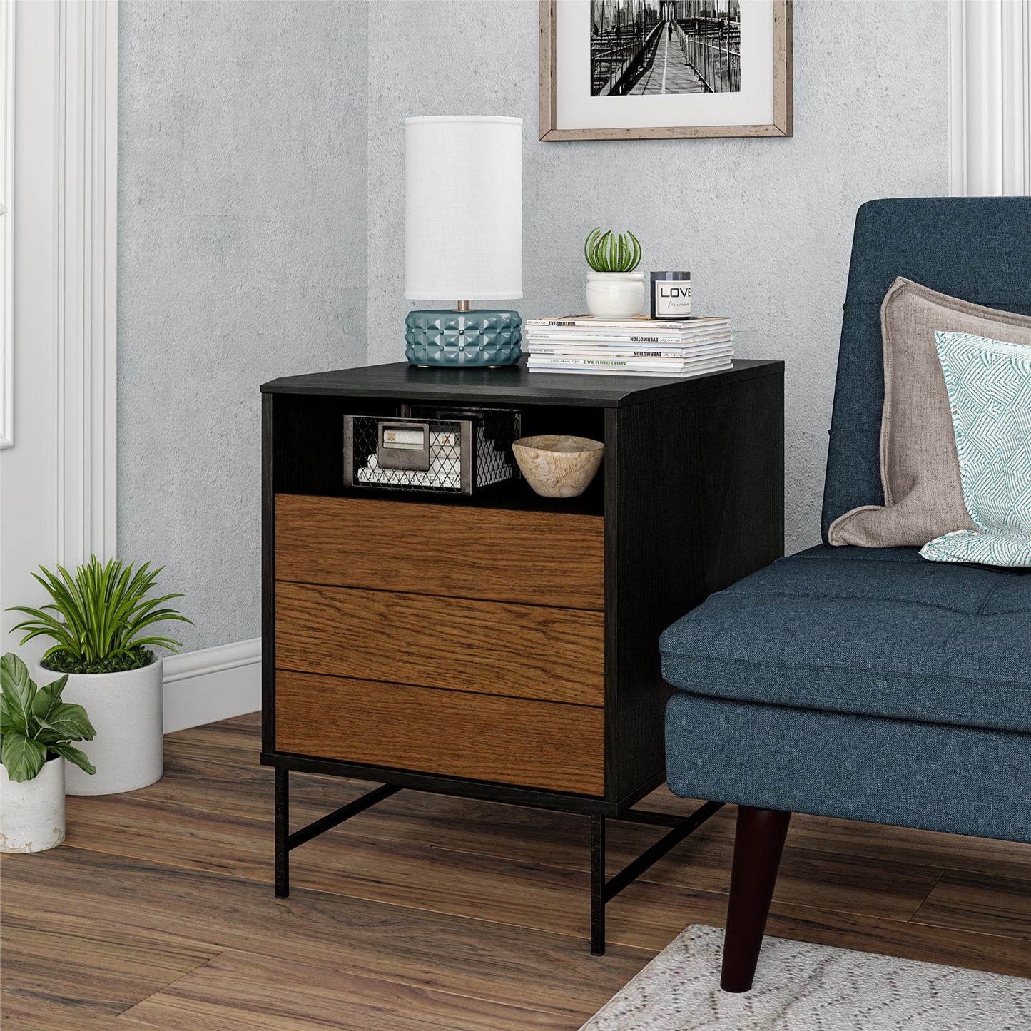 Reznor End Table with Open and Concealed Storage and Metal Frame - Black Oak