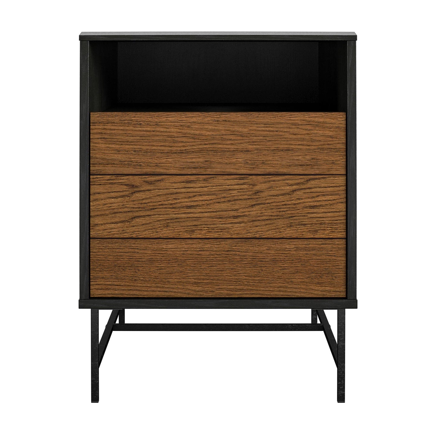 Reznor End Table with Open and Concealed Storage and Metal Frame - Black Oak
