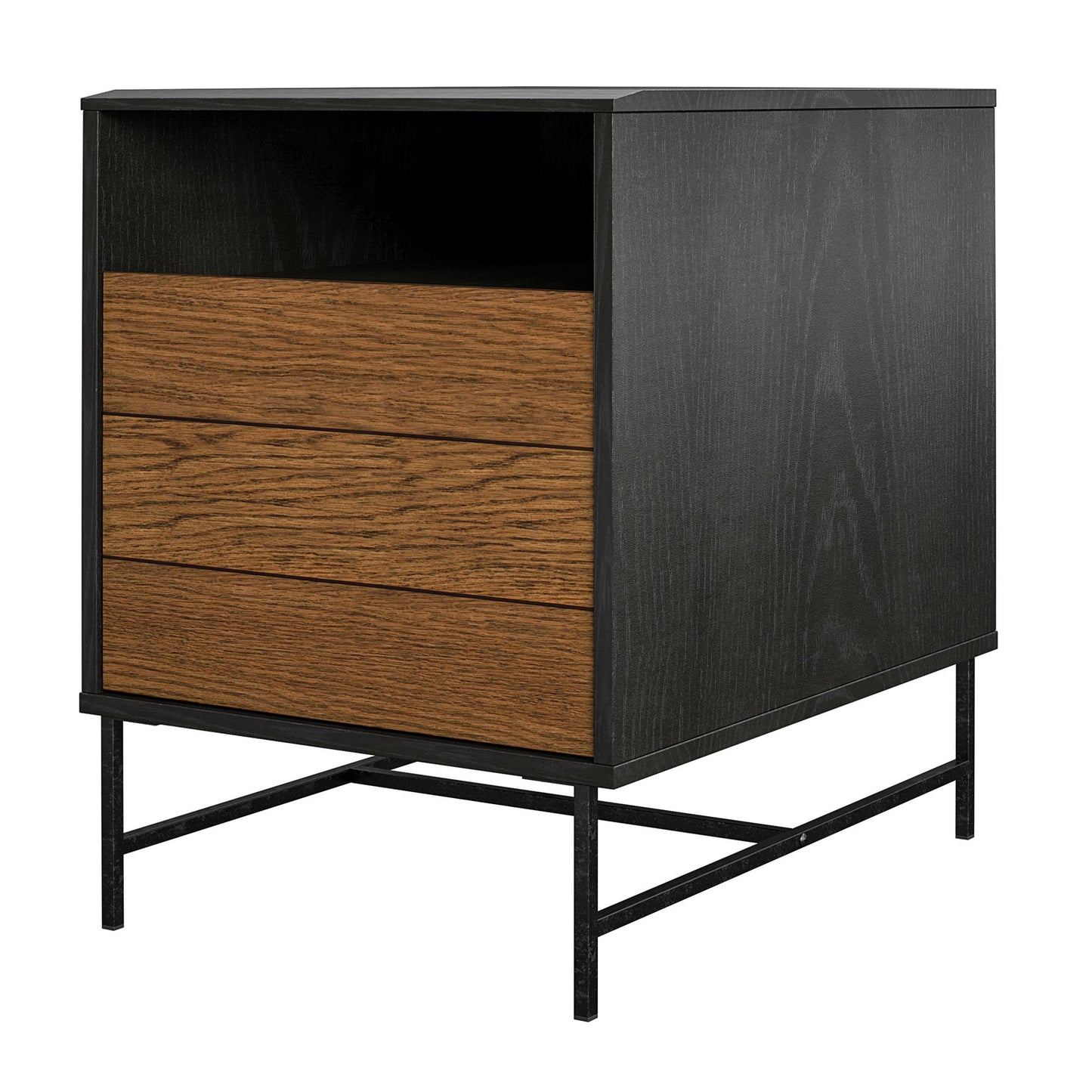 Reznor End Table with Open and Concealed Storage and Metal Frame - Black Oak