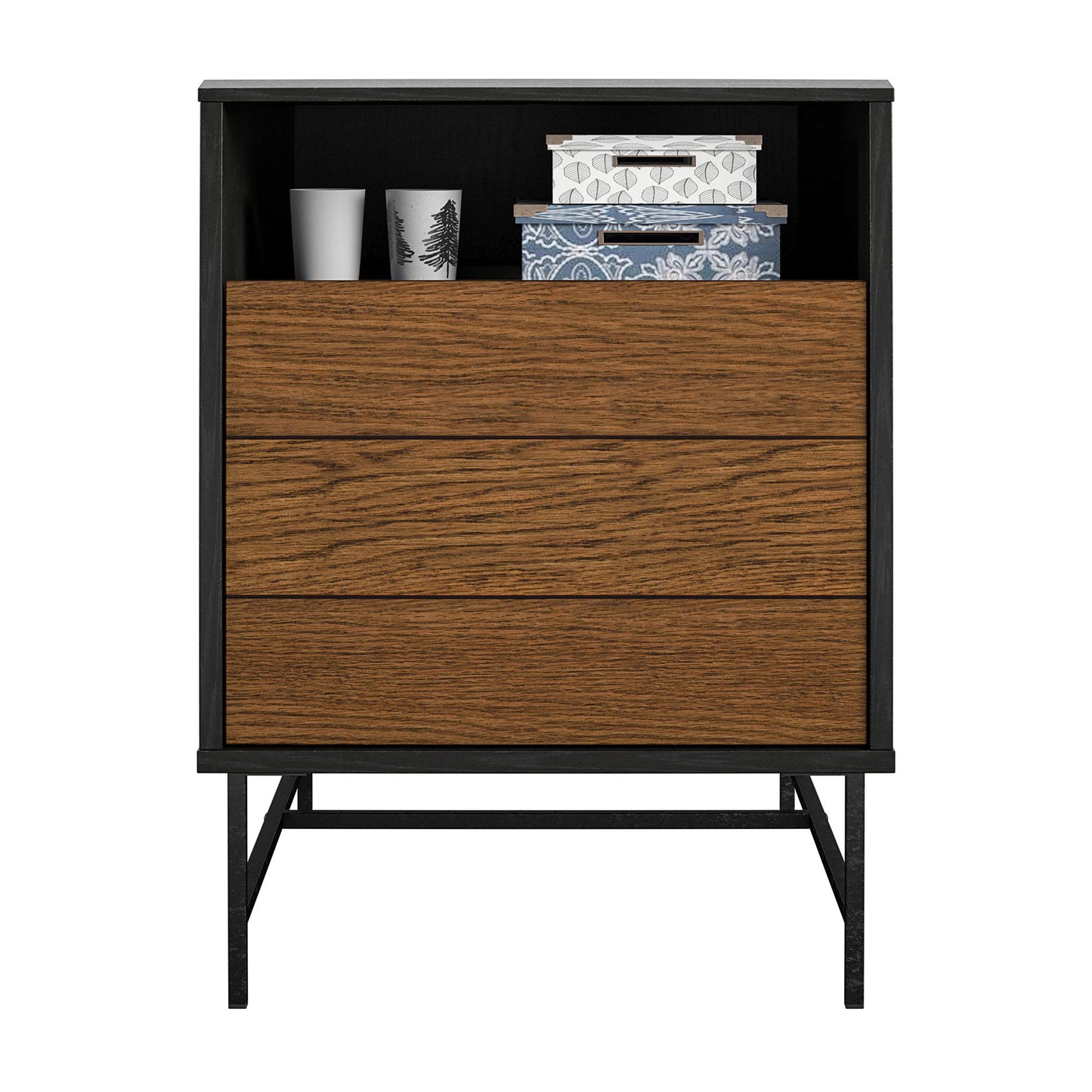 Reznor End Table with Open and Concealed Storage and Metal Frame - Black Oak