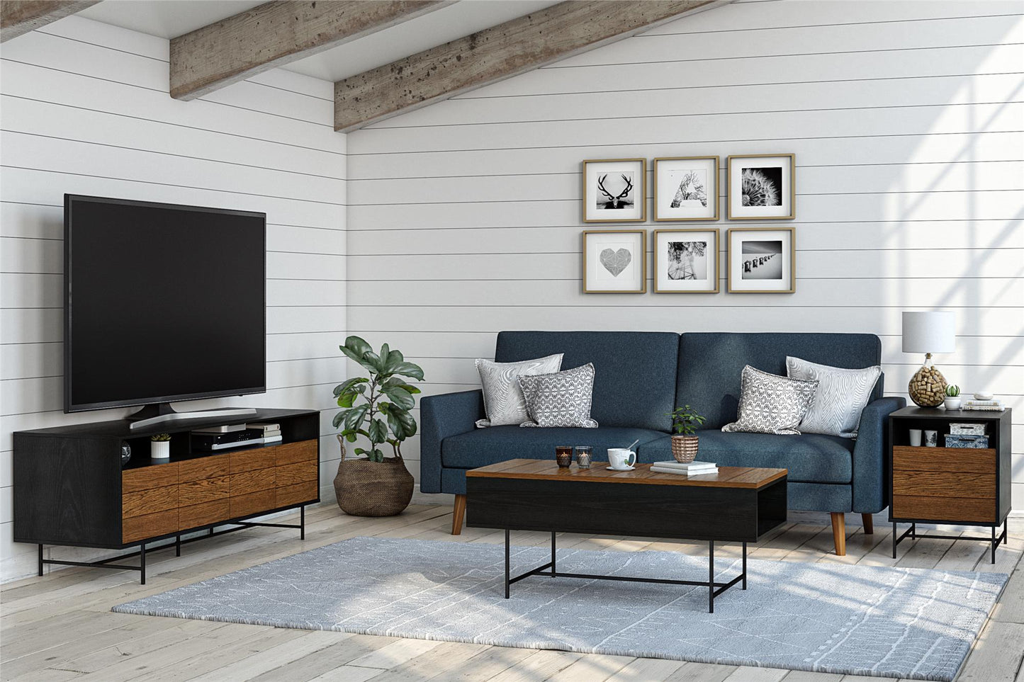 Reznor End Table with Open and Concealed Storage and Metal Frame - Black Oak
