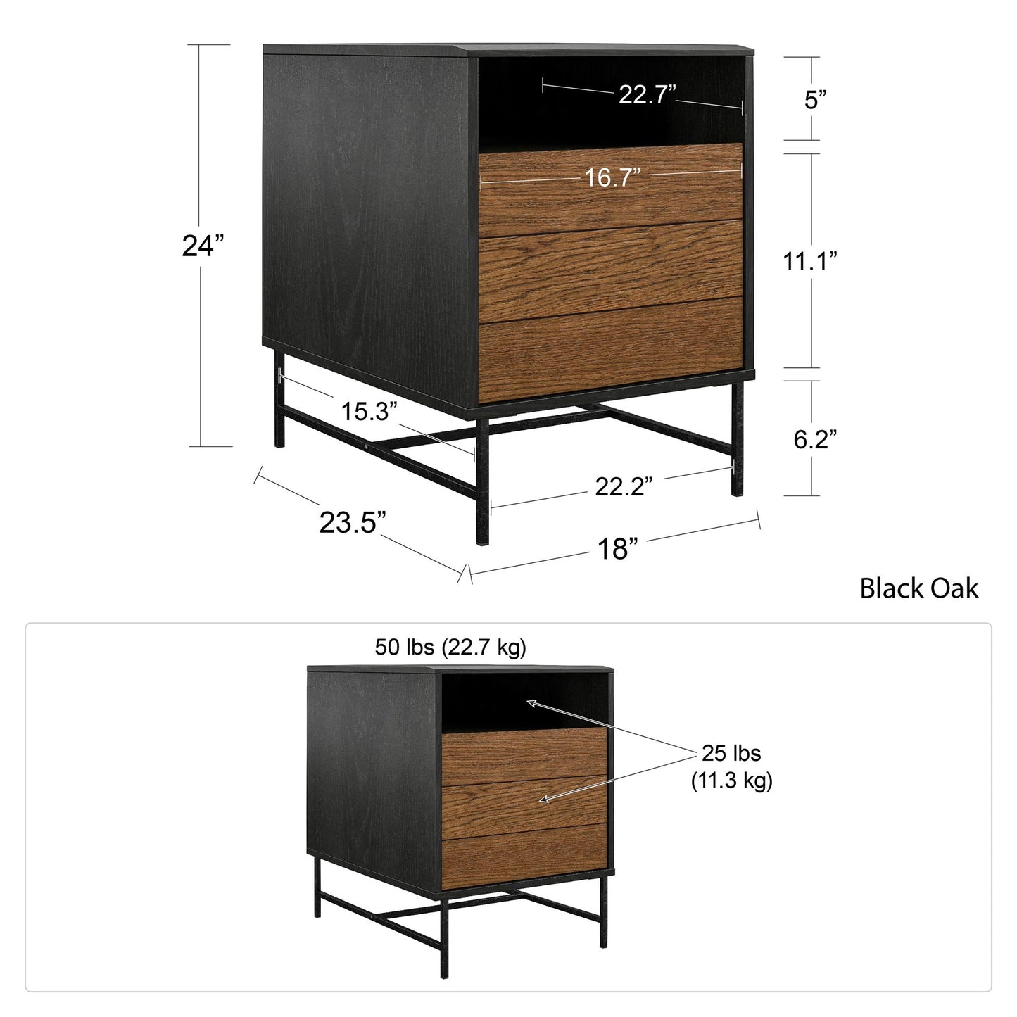 Reznor End Table with Open and Concealed Storage and Metal Frame - Black Oak