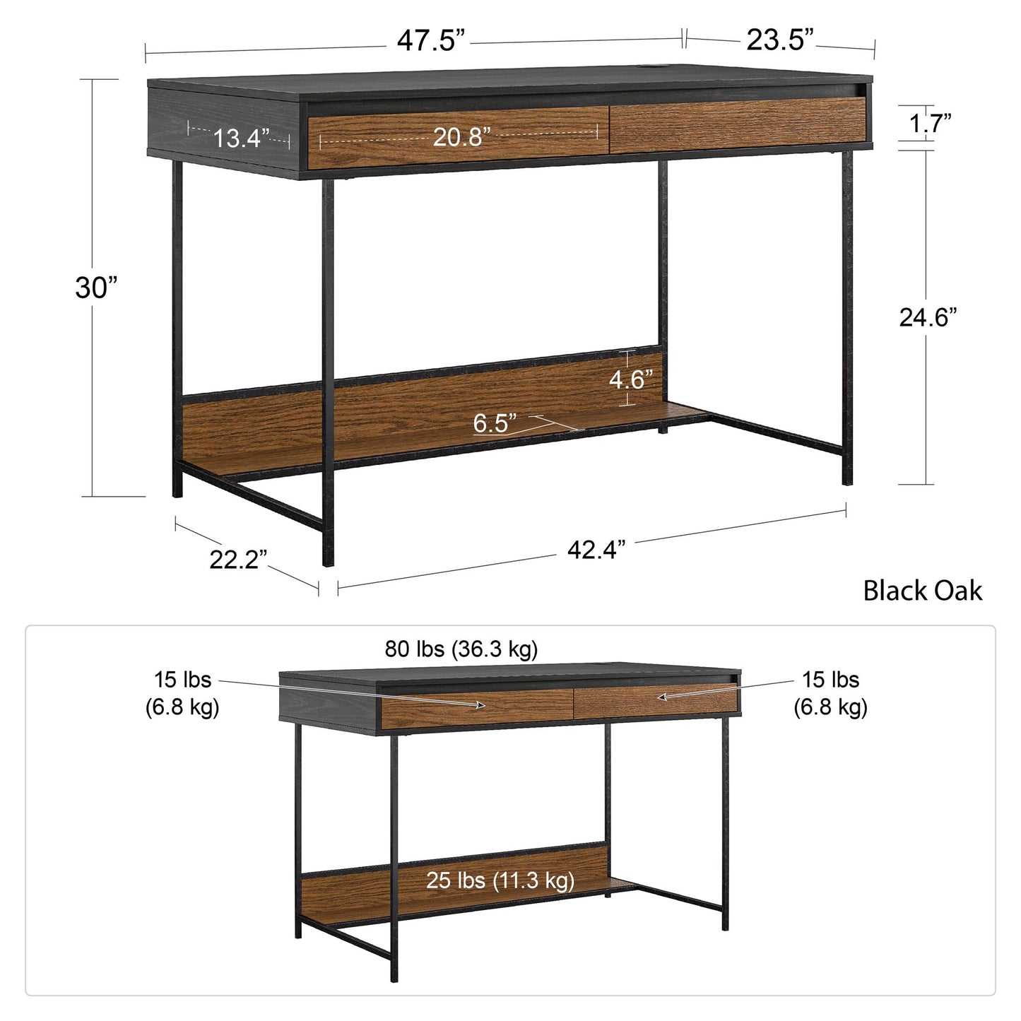 Reznor Computer Desk, with 2 Drawers and Wireless Charger - Black Oak