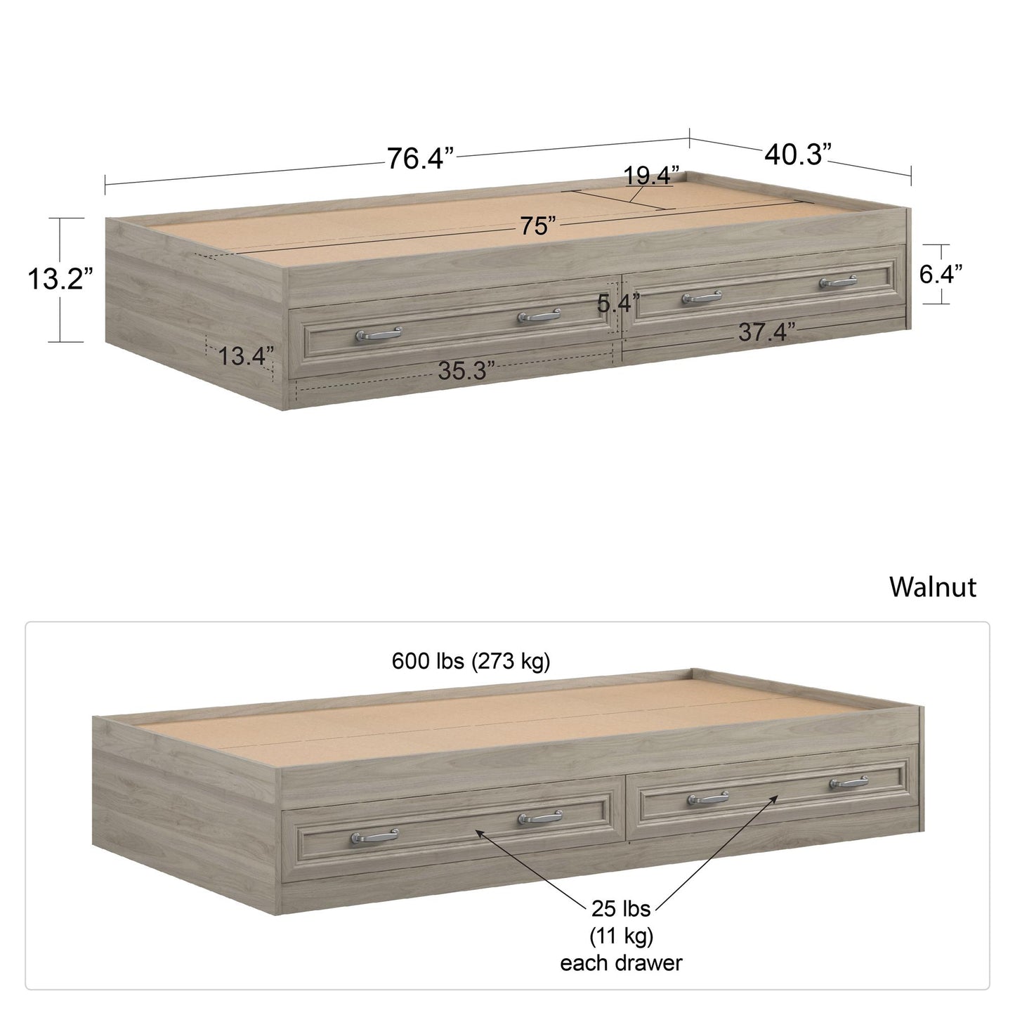 Sierra Ridge Levi Bed with 2 Large Storage Drawers - Light Walnut - Twin