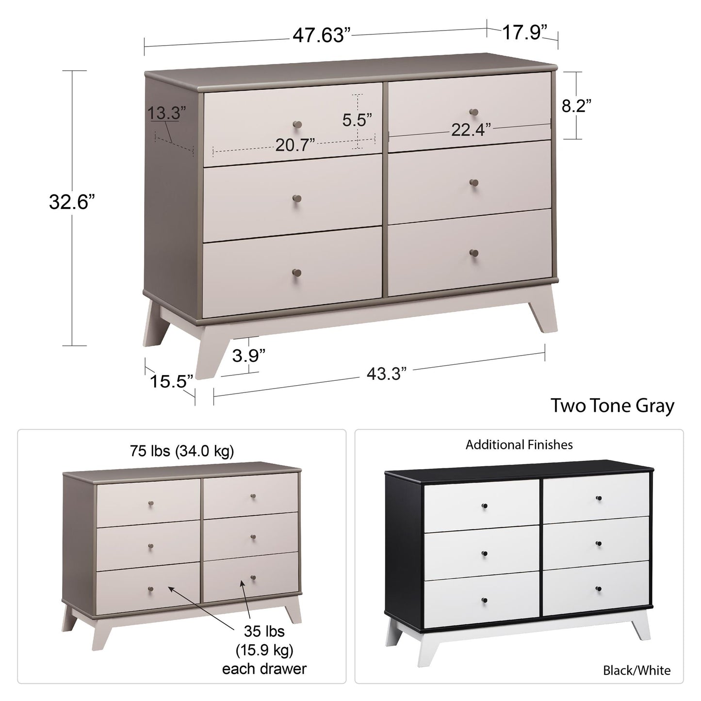 Rowan Valley Flint 6 Drawer Dresser with Solid Wood Angled Feet - Gray