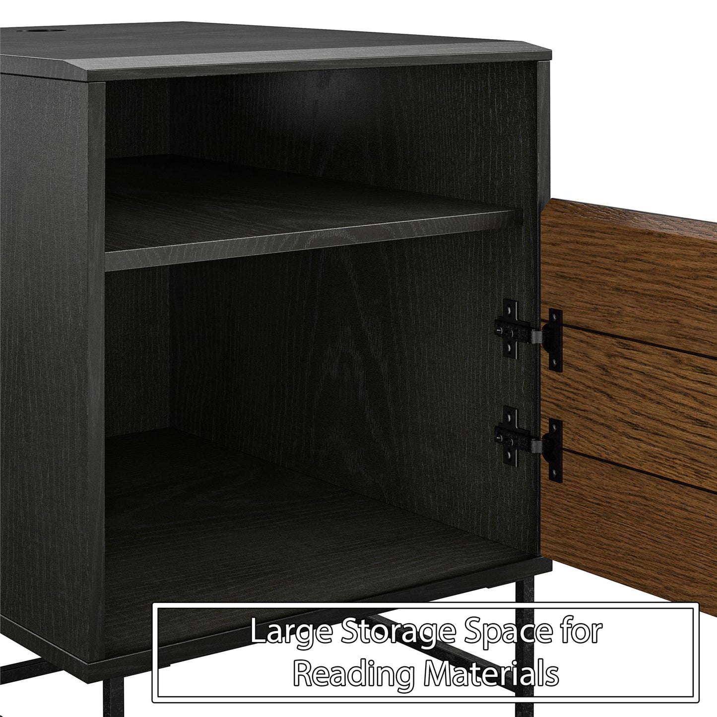 Reznor End Table with Open and Concealed Storage and Metal Frame - Black Oak