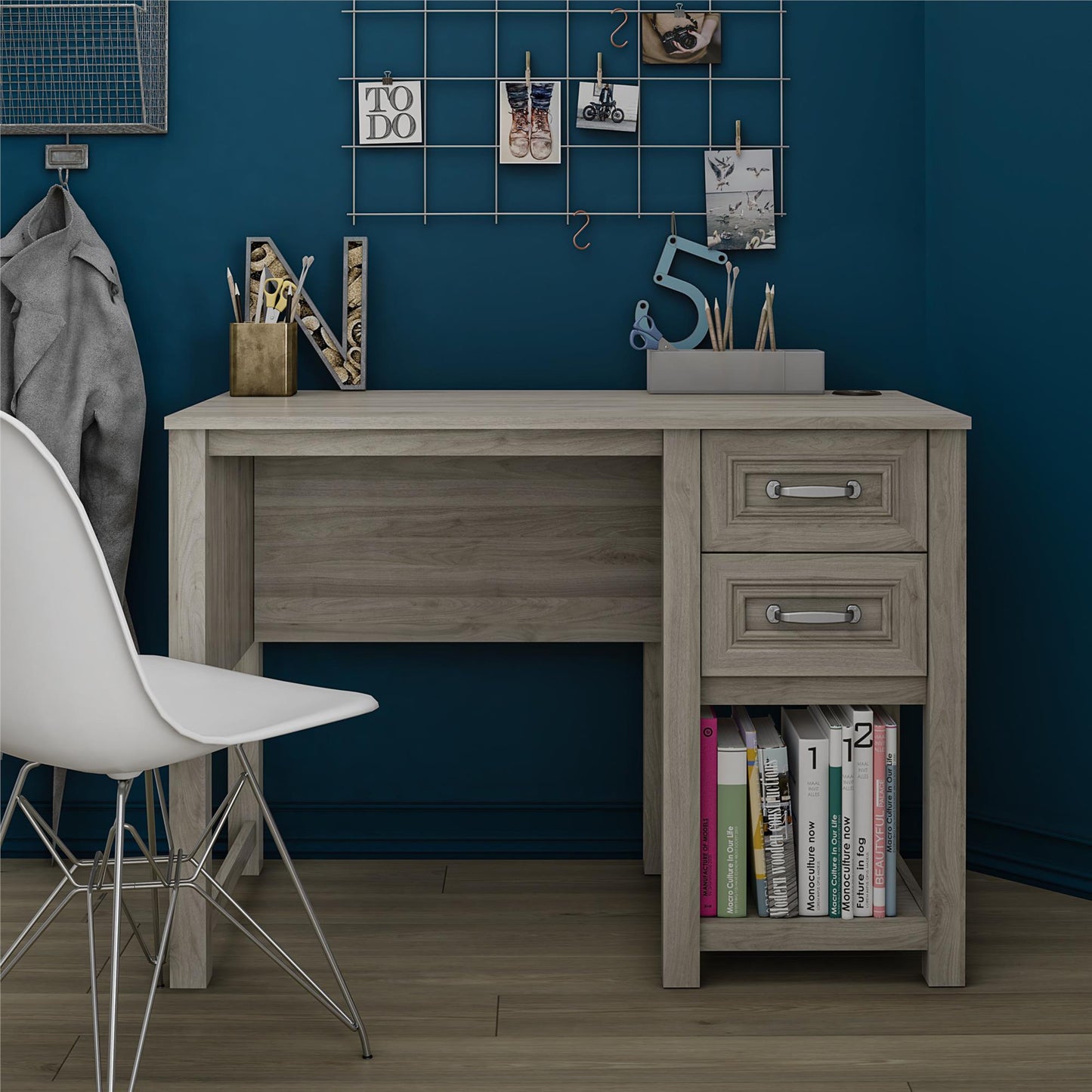 Sierra Ridge Levi Single Pedestal Kids’ Desk with 2 Drawers - Light Walnut