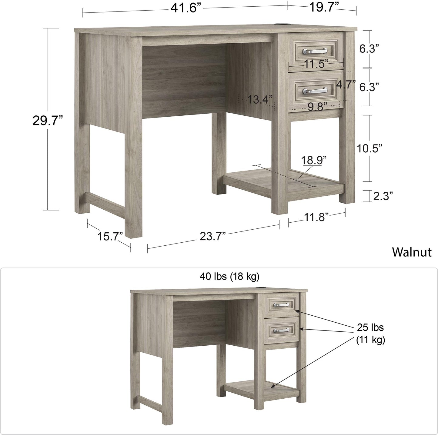 Sierra Ridge Levi Single Pedestal Kids’ Desk with 2 Drawers - Light Walnut