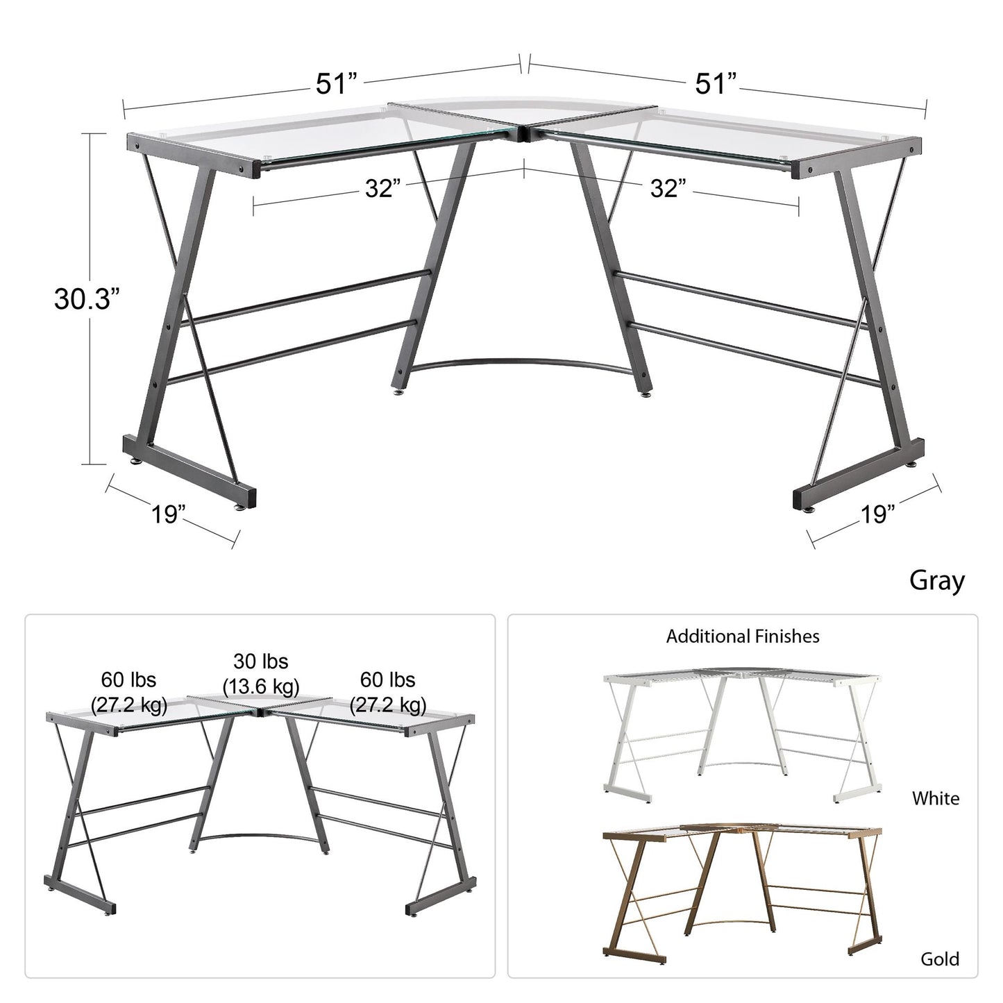 Odin Glass L-Shaped Computer Desk, Gold - Gold