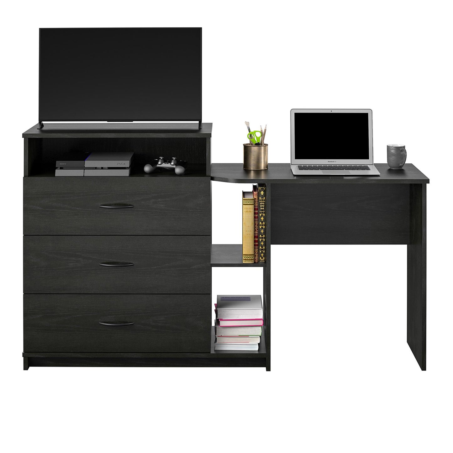 Rebel 3 in 1 Media Dresser with Side Storage and Desk - Black Oak
