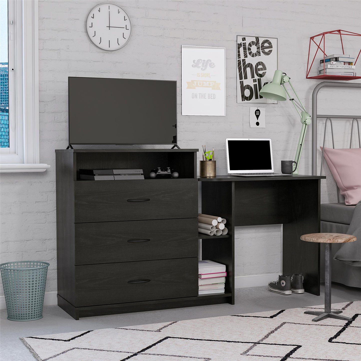 Rebel 3 in 1 Media Dresser with Side Storage and Desk - Black Oak