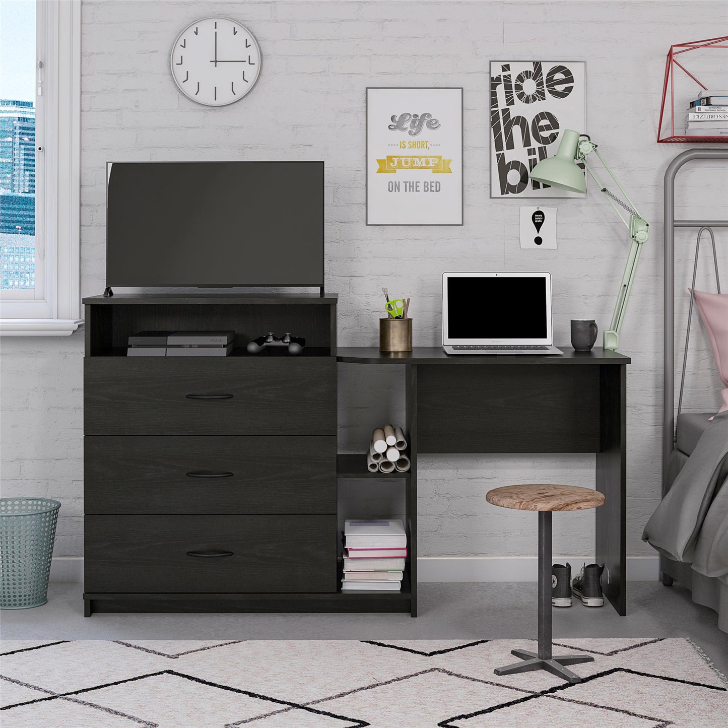 Rebel 3 in 1 Media Dresser with Side Storage and Desk - Black Oak