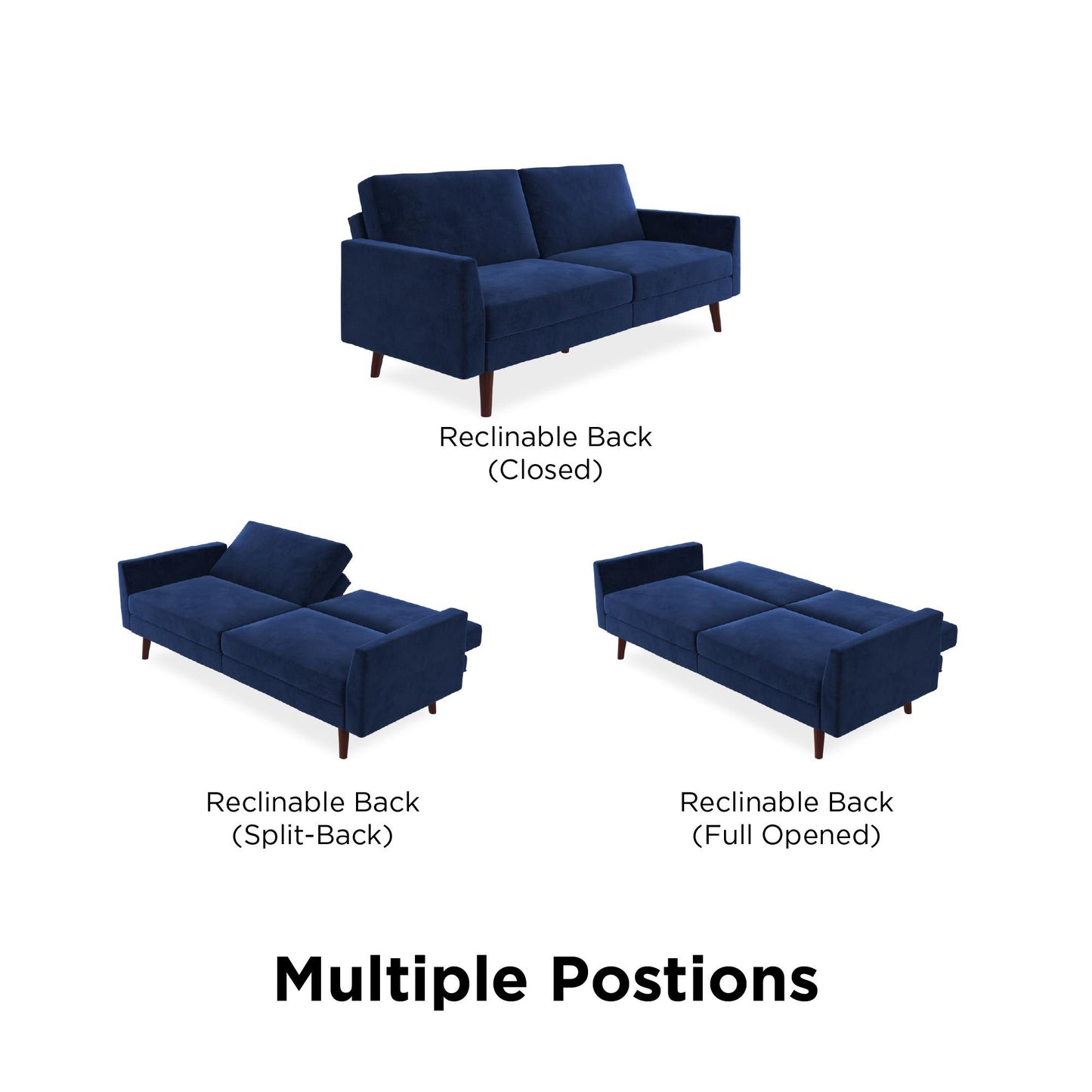Jules Coil Futon with Solid Wooden Legs and Velvet Upholstery - Blue Velvet