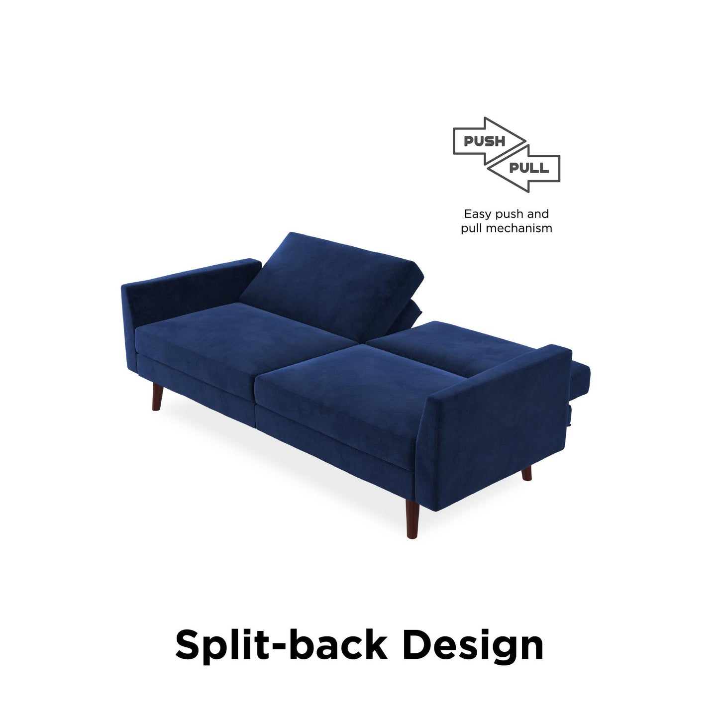 Jules Coil Futon with Solid Wooden Legs and Velvet Upholstery - Blue Velvet