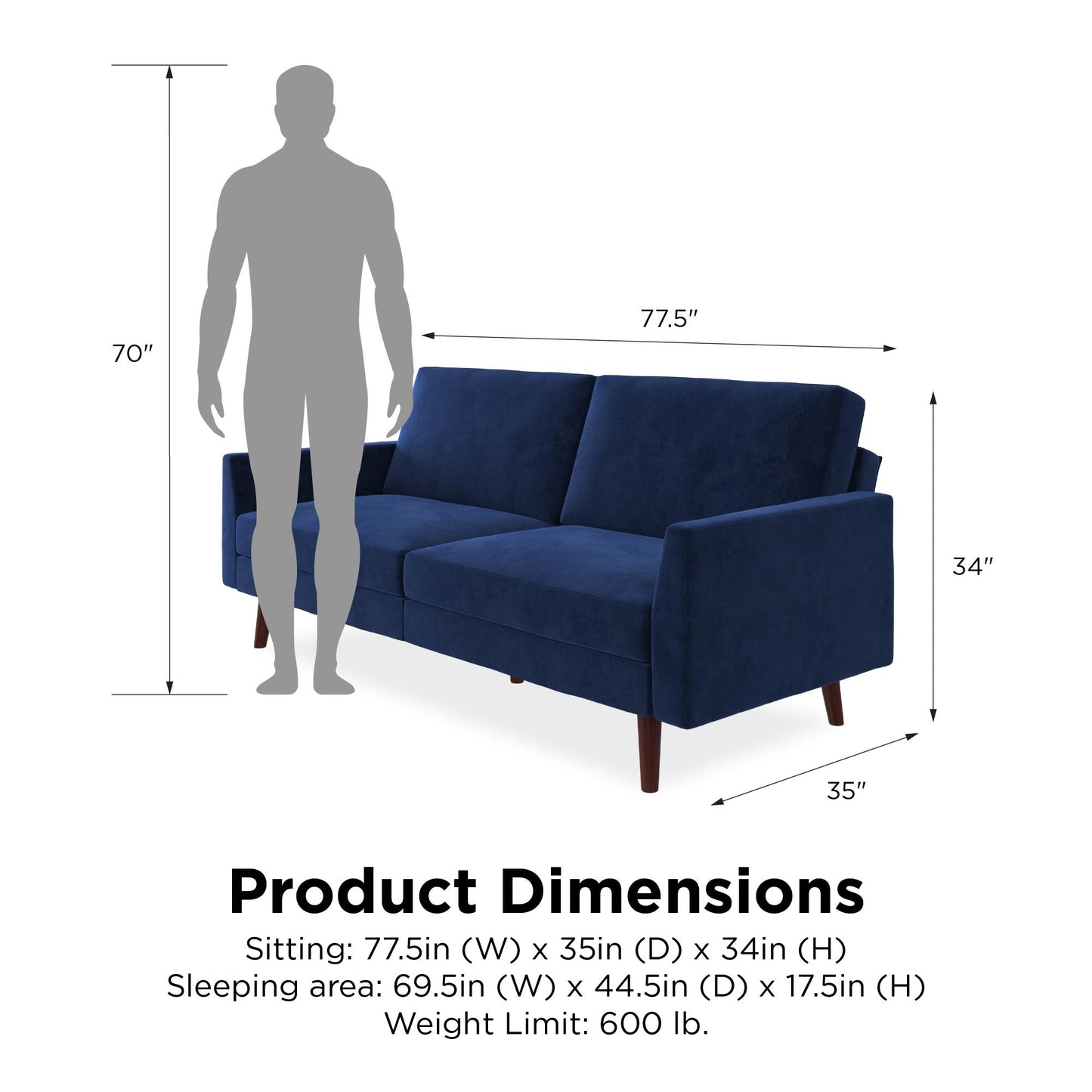 Jules Coil Futon with Solid Wooden Legs and Velvet Upholstery - Blue Velvet