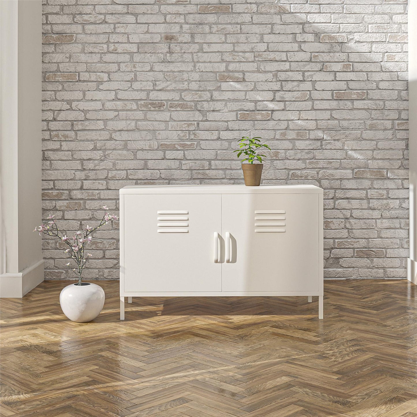 Shadwick 2 Door Metal Locker Accent Cabinet with 2 Shelves - White
