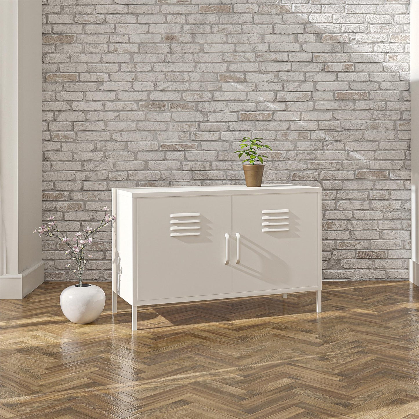 Shadwick 2 Door Metal Locker Accent Cabinet with 2 Shelves - White