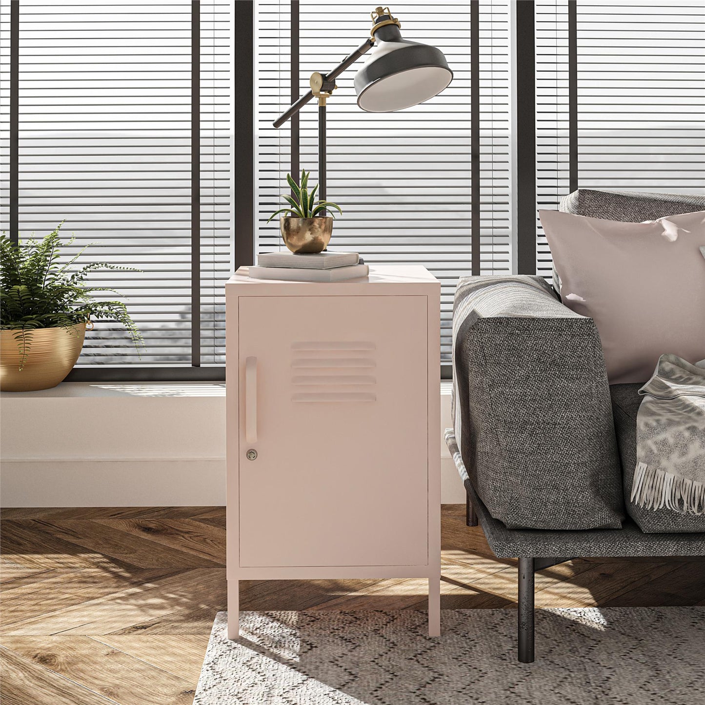 Shadwick Closed Door Metal Locker End Table with 2 Shelves - Pink
