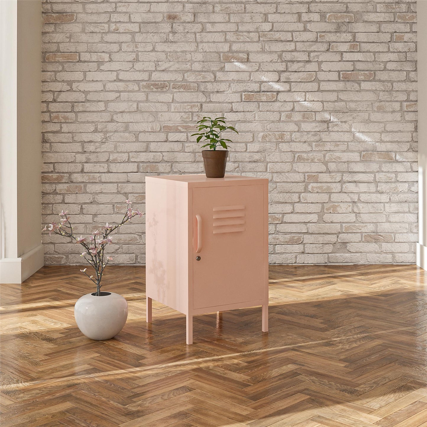 Shadwick Closed Door Metal Locker End Table with 2 Shelves - Pink