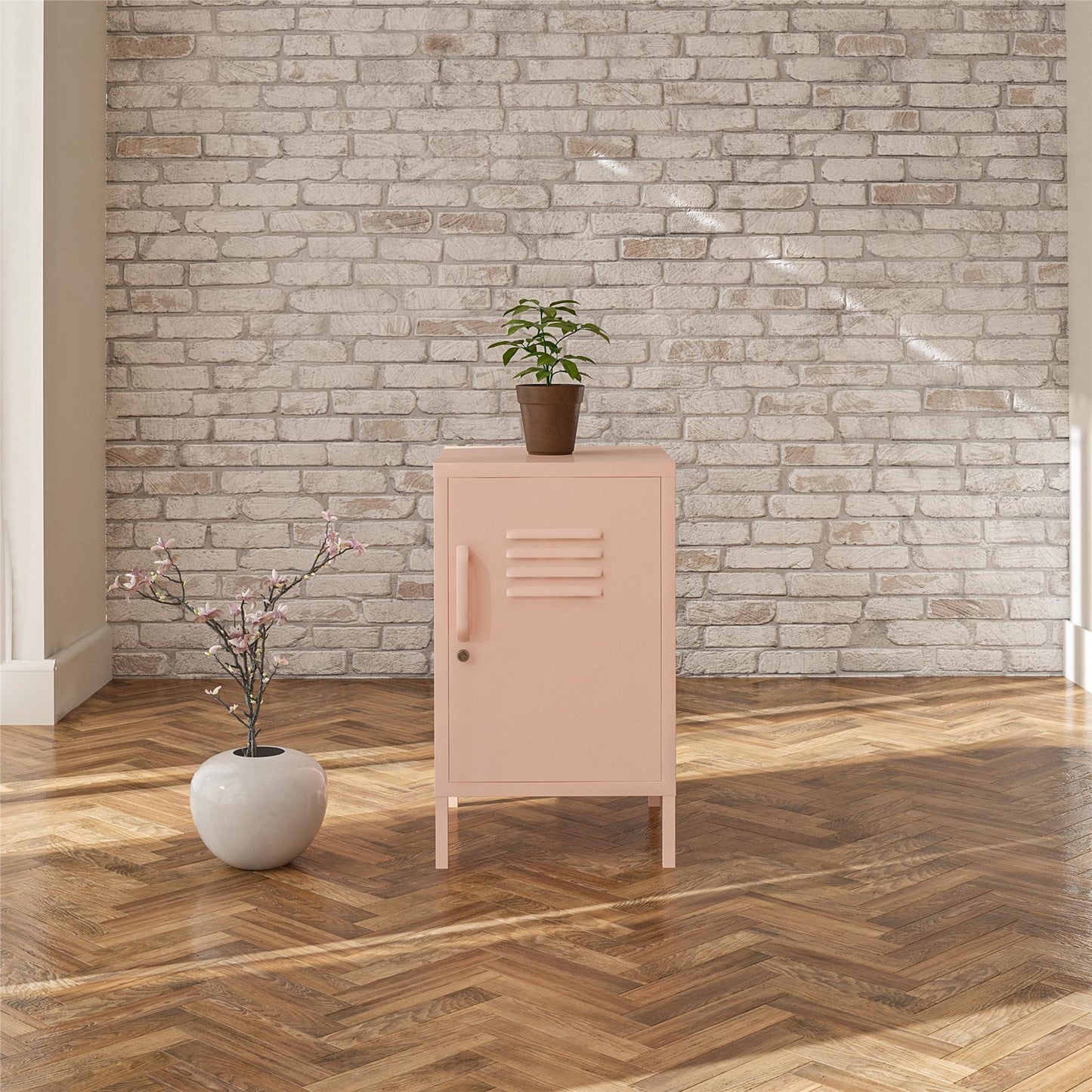 Shadwick Closed Door Metal Locker End Table with 2 Shelves - Pink