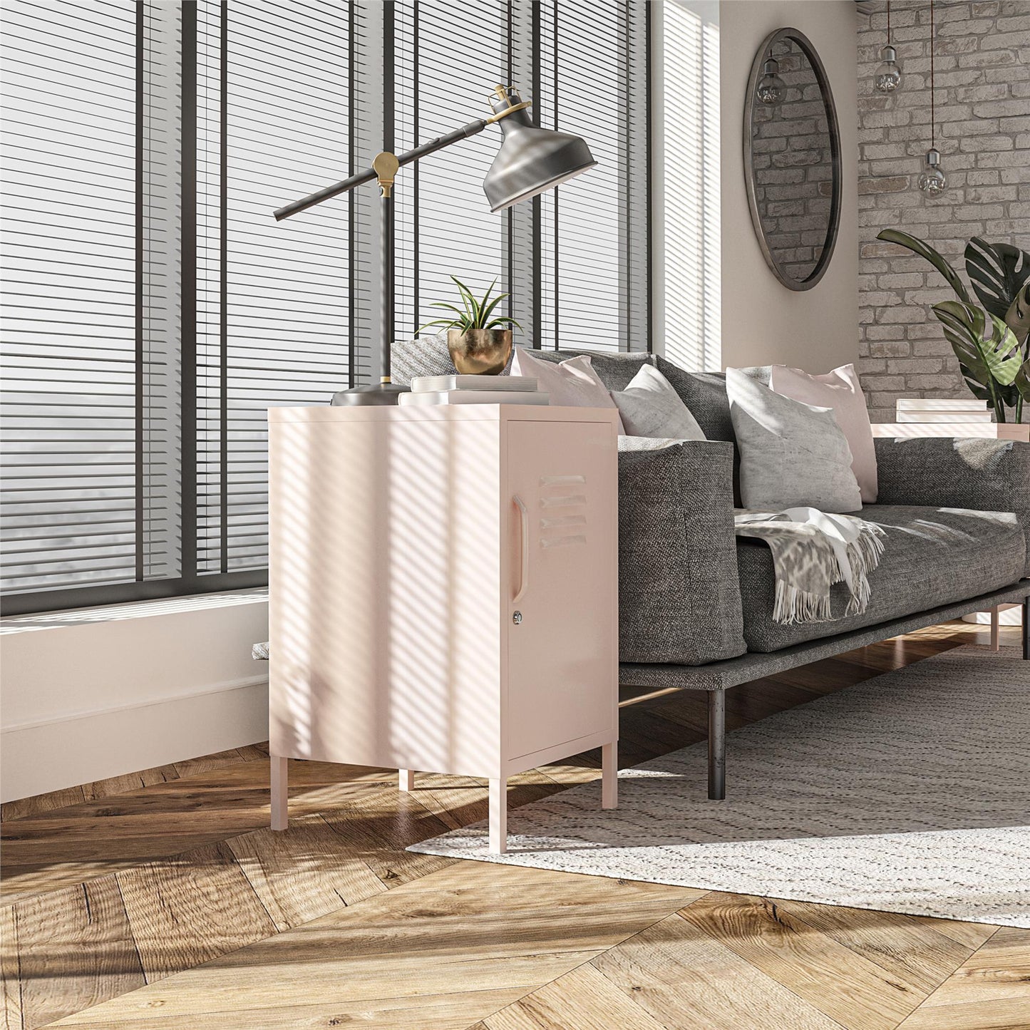 Shadwick Closed Door Metal Locker End Table with 2 Shelves - Pink