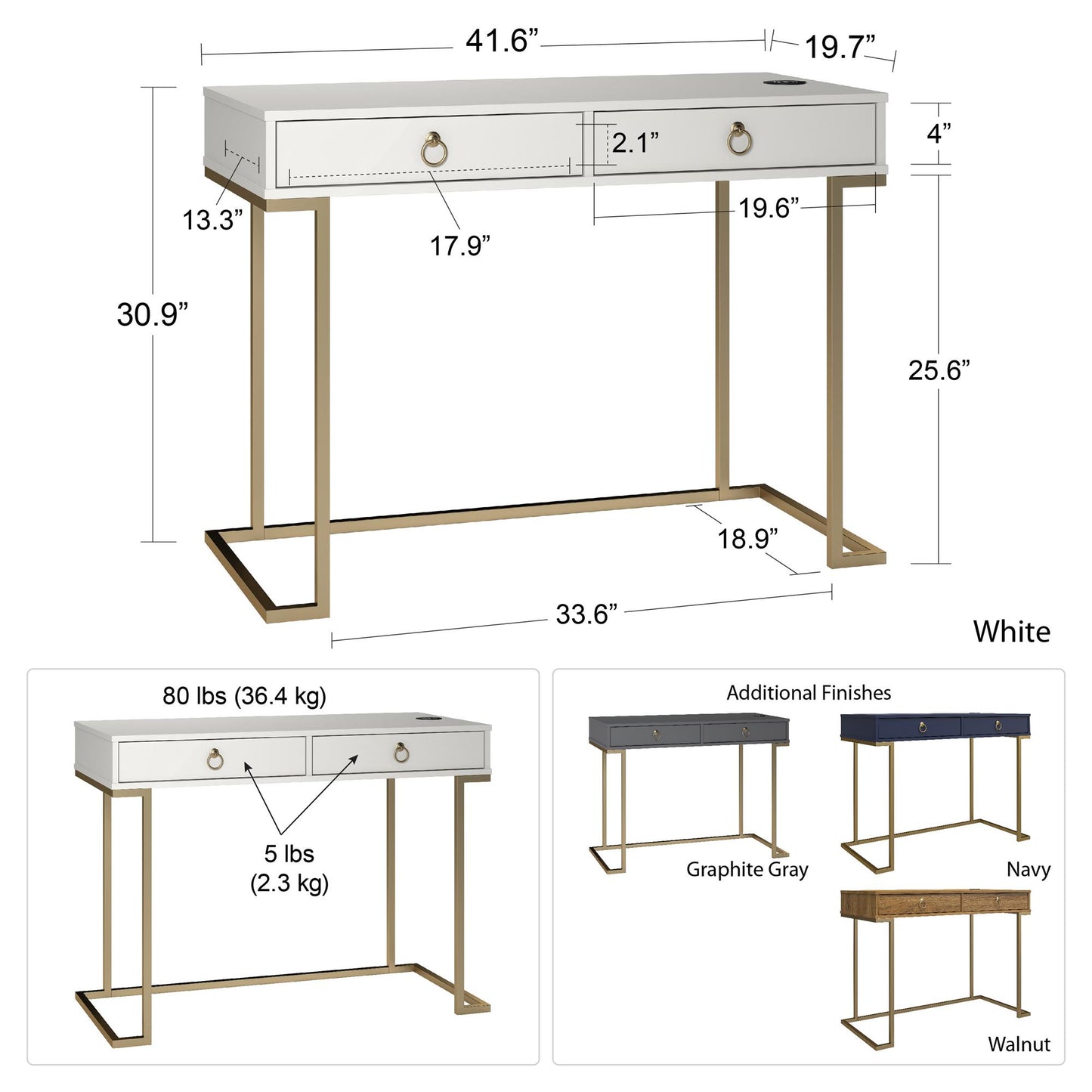 Olten Computer Desk with 2 Drawers and Wireless Charging Spot - White