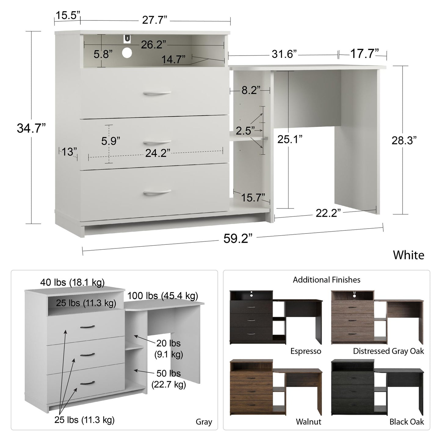 Rebel 3 in 1 Media Dresser with Side Storage and Desk - Black Oak