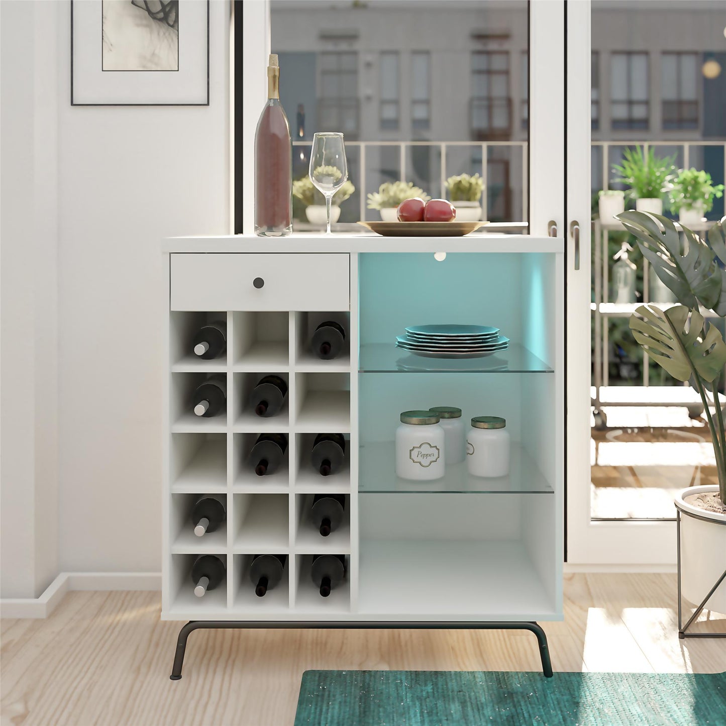Melbourne Bar Cabinet with LED Lighting and 15 Bottle Compartments - White