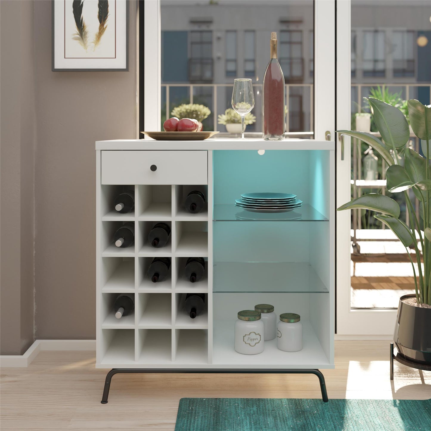 Melbourne Bar Cabinet with LED Lighting and 15 Bottle Compartments - White