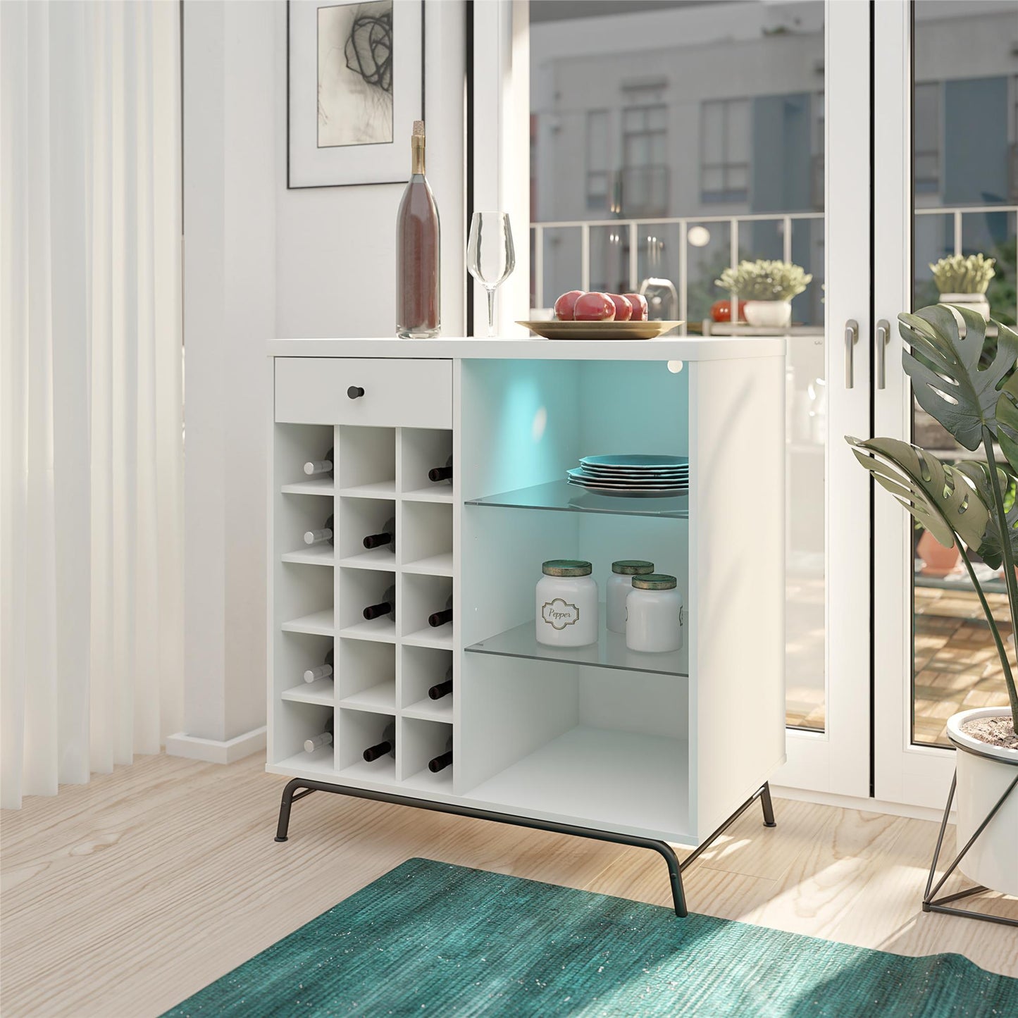 Melbourne Bar Cabinet with LED Lighting and 15 Bottle Compartments - White