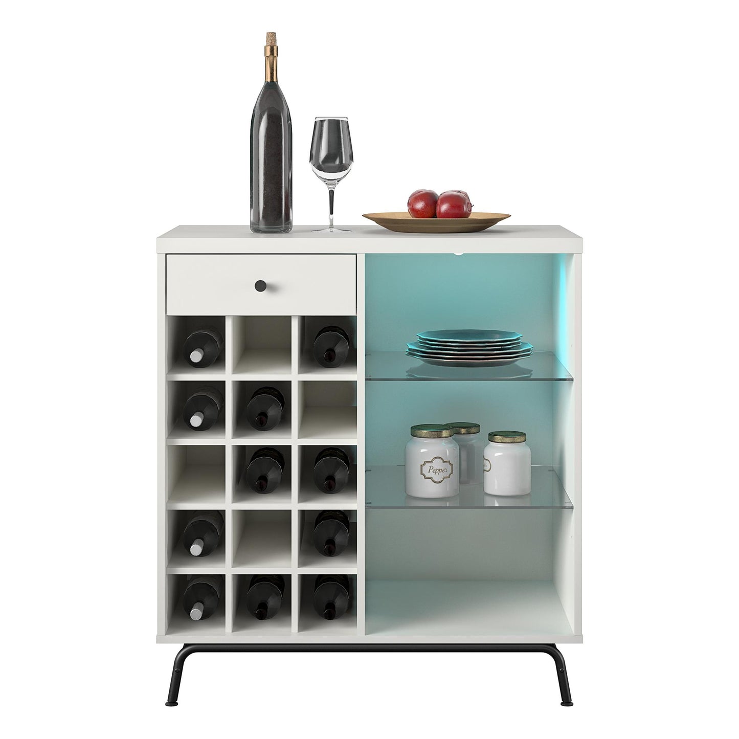 Melbourne Bar Cabinet with LED Lighting and 15 Bottle Compartments - White