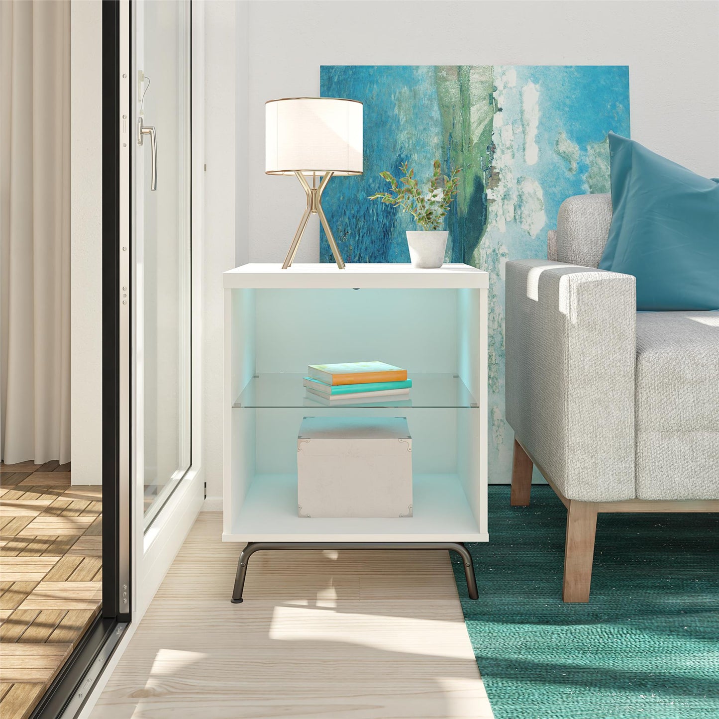 Melbourne End Table with LED Lighting and Glass Shelf - White