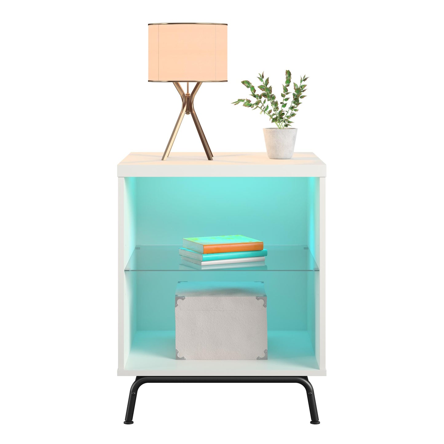 Melbourne End Table with LED Lighting and Glass Shelf - White