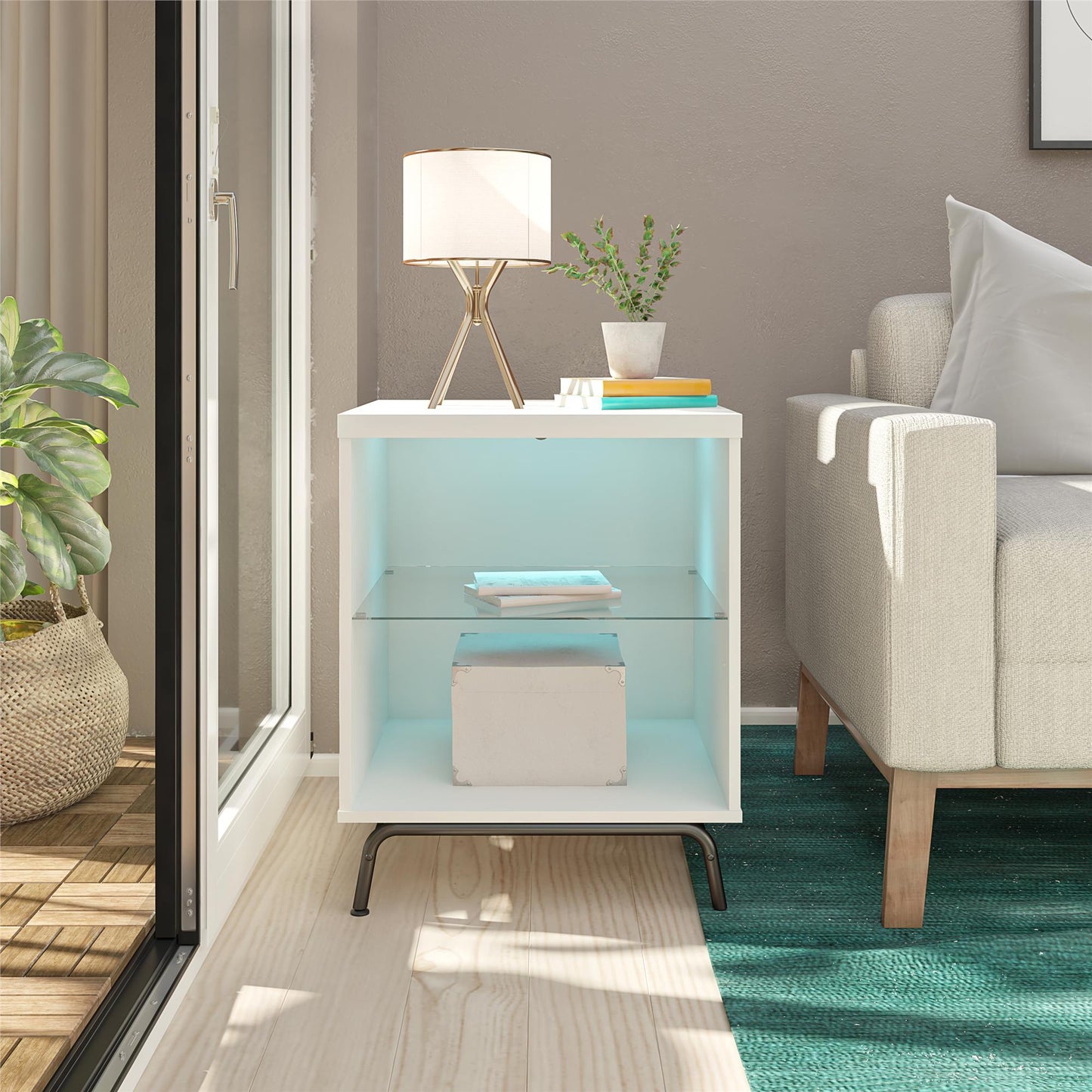 Melbourne End Table with LED Lighting and Glass Shelf - White
