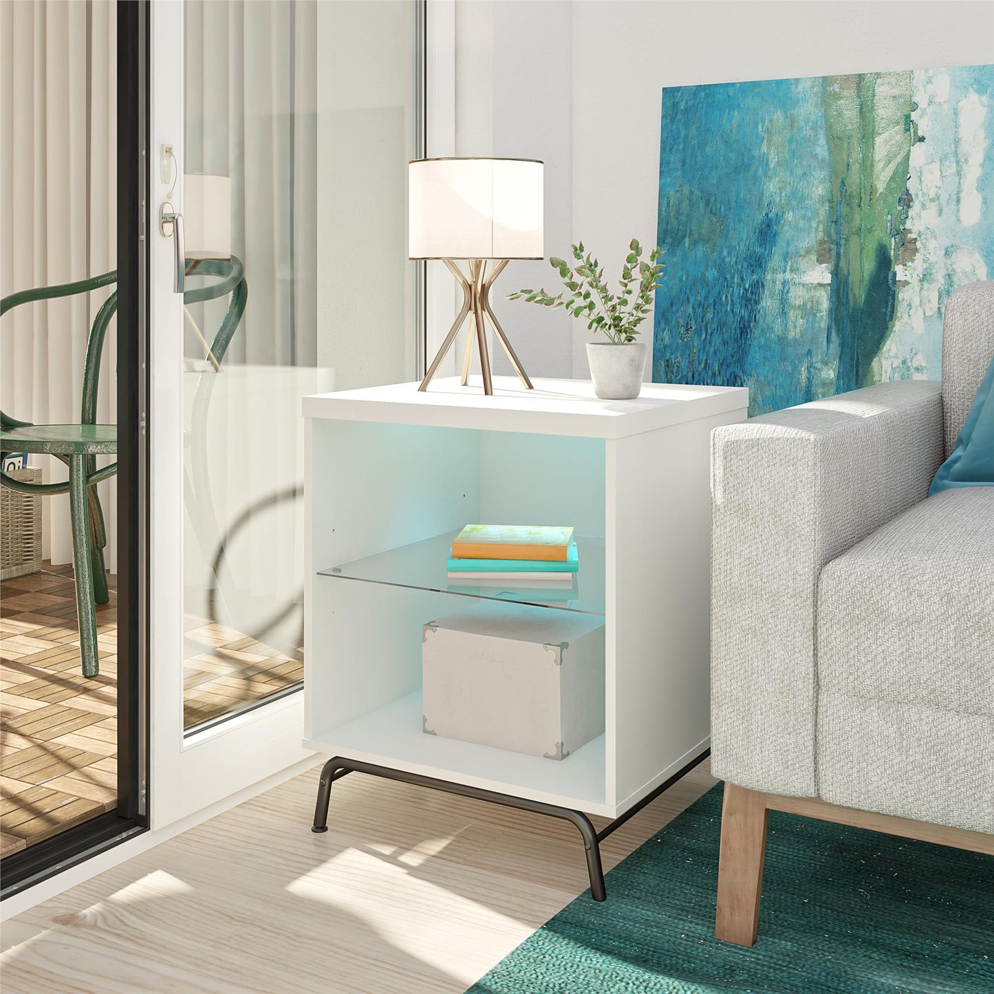 Melbourne End Table with LED Lighting and Glass Shelf - White