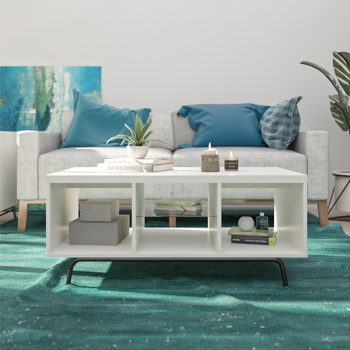 Melbourne Coffee Table with Glass Shelf and 2 Open Compartments - White