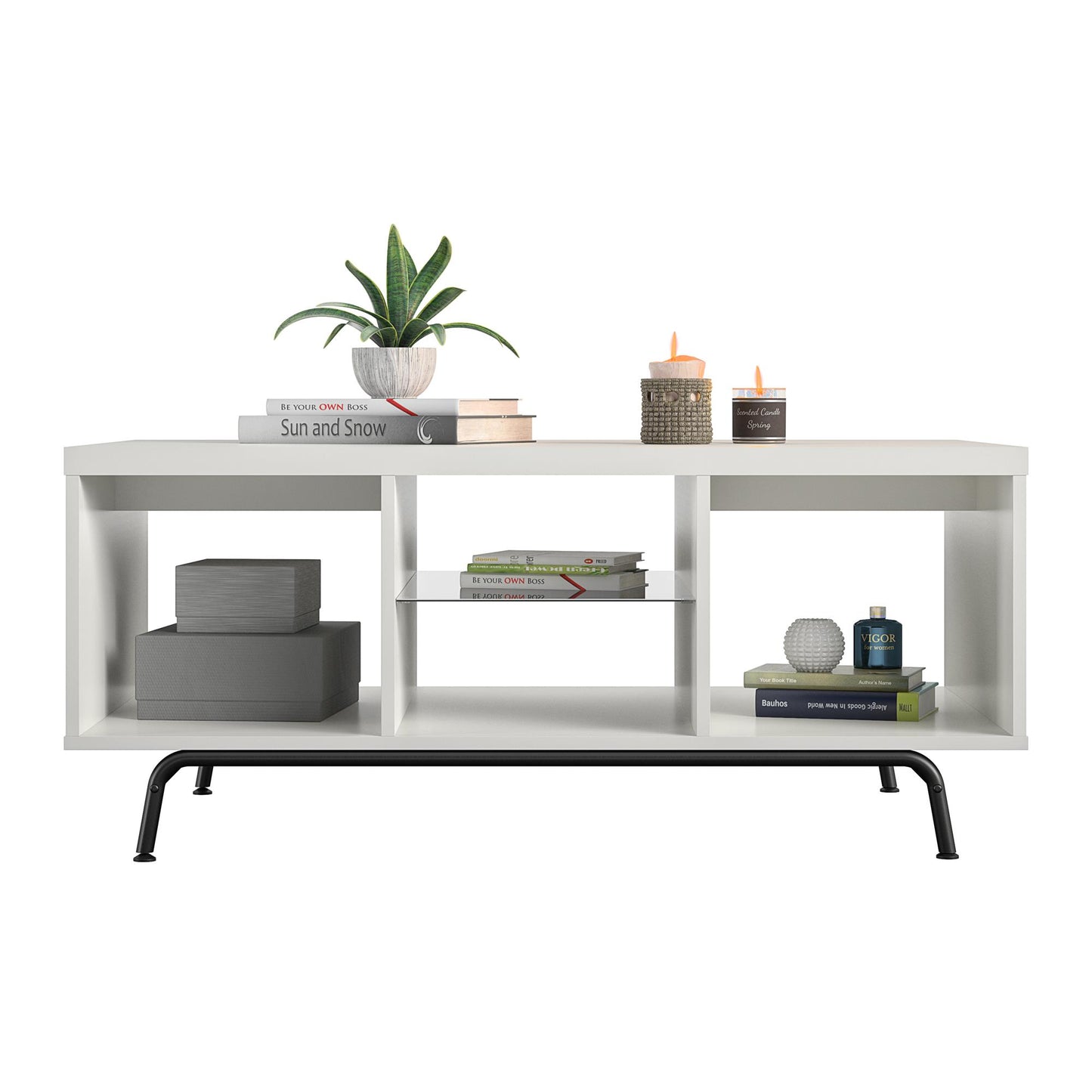 Melbourne Coffee Table with Glass Shelf and 2 Open Compartments - White