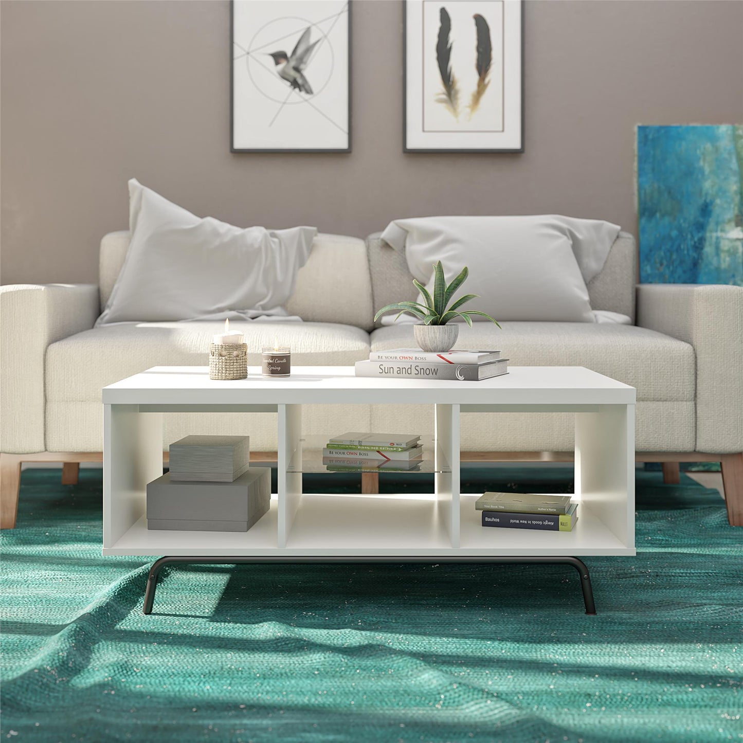 Melbourne Coffee Table with Glass Shelf and 2 Open Compartments - White