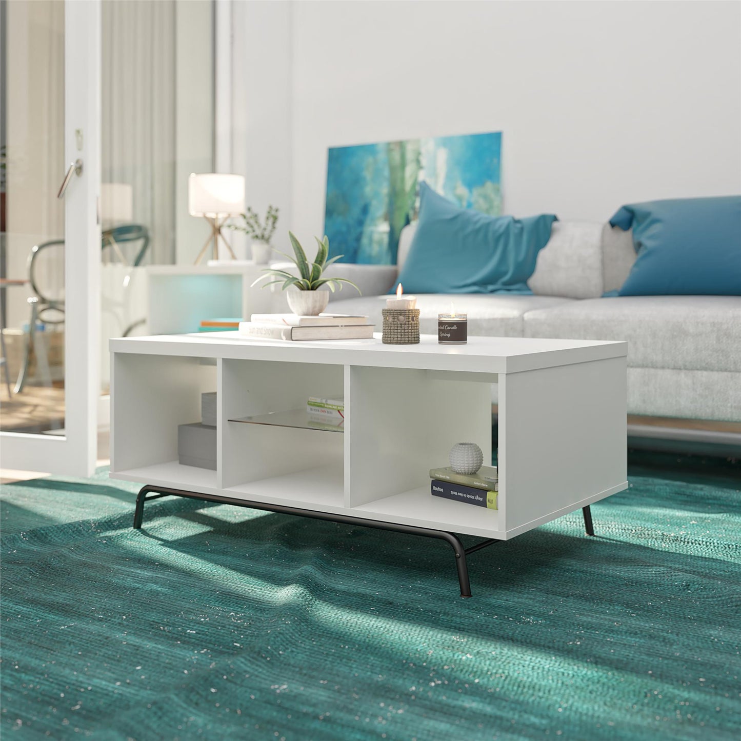 Melbourne Coffee Table with Glass Shelf and 2 Open Compartments - White