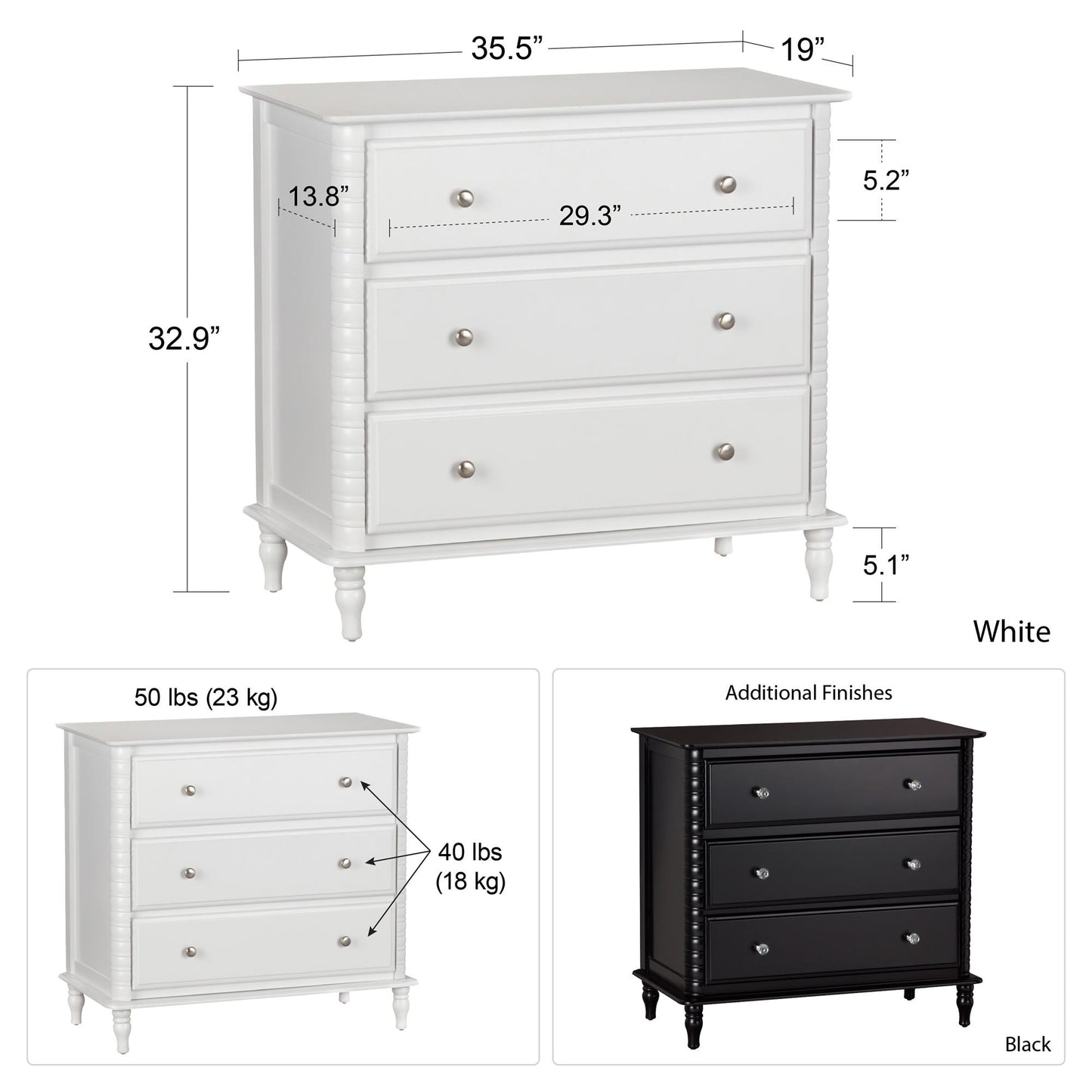 Rowan Valley Linden 3 Drawer Dresser with Wood Feet - White
