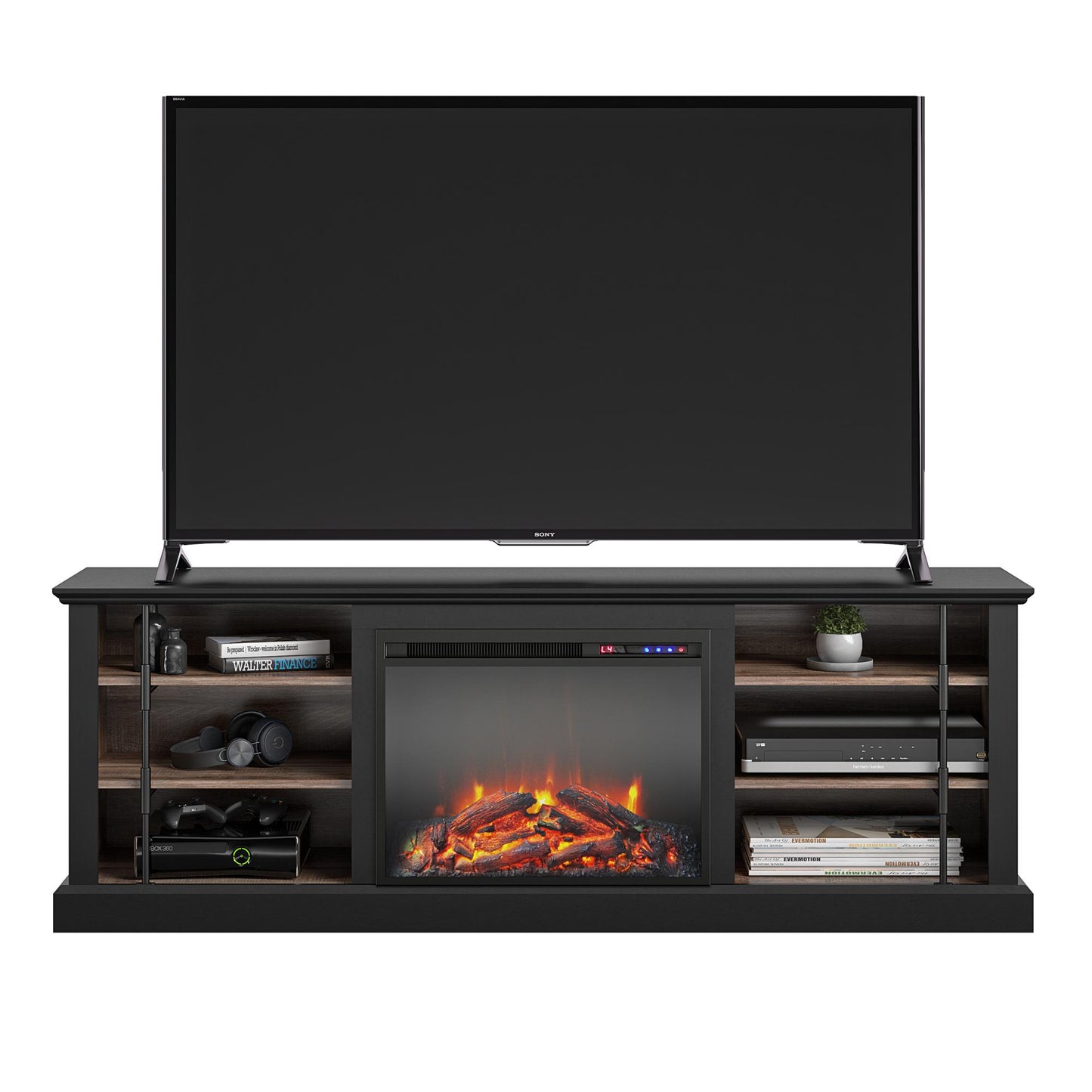 Hoffman Fireplace TV Stand for TVs up to 70 Inch with 23 Inch Fireplace Insert - Black