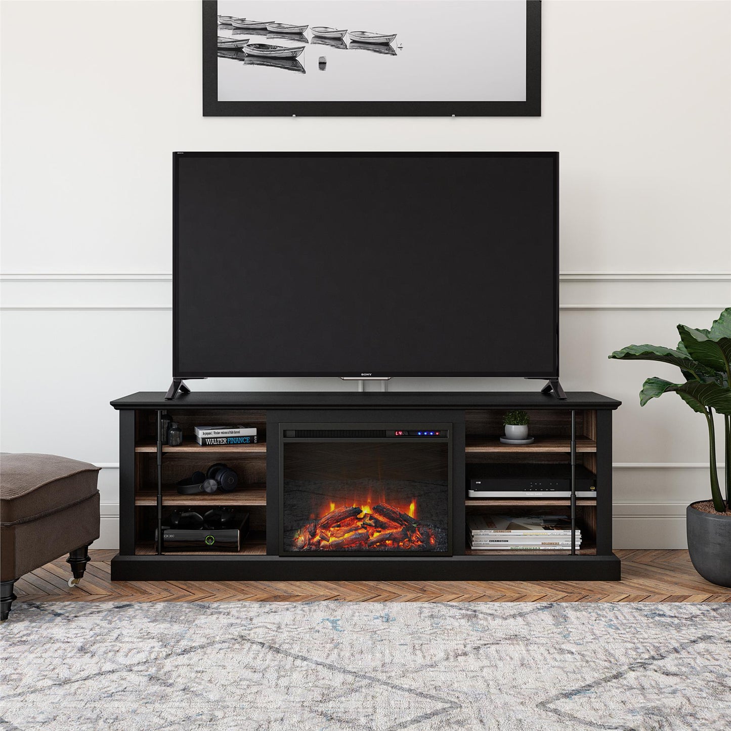 Hoffman Fireplace TV Stand for TVs up to 70 Inch with 23 Inch Fireplace Insert - Black