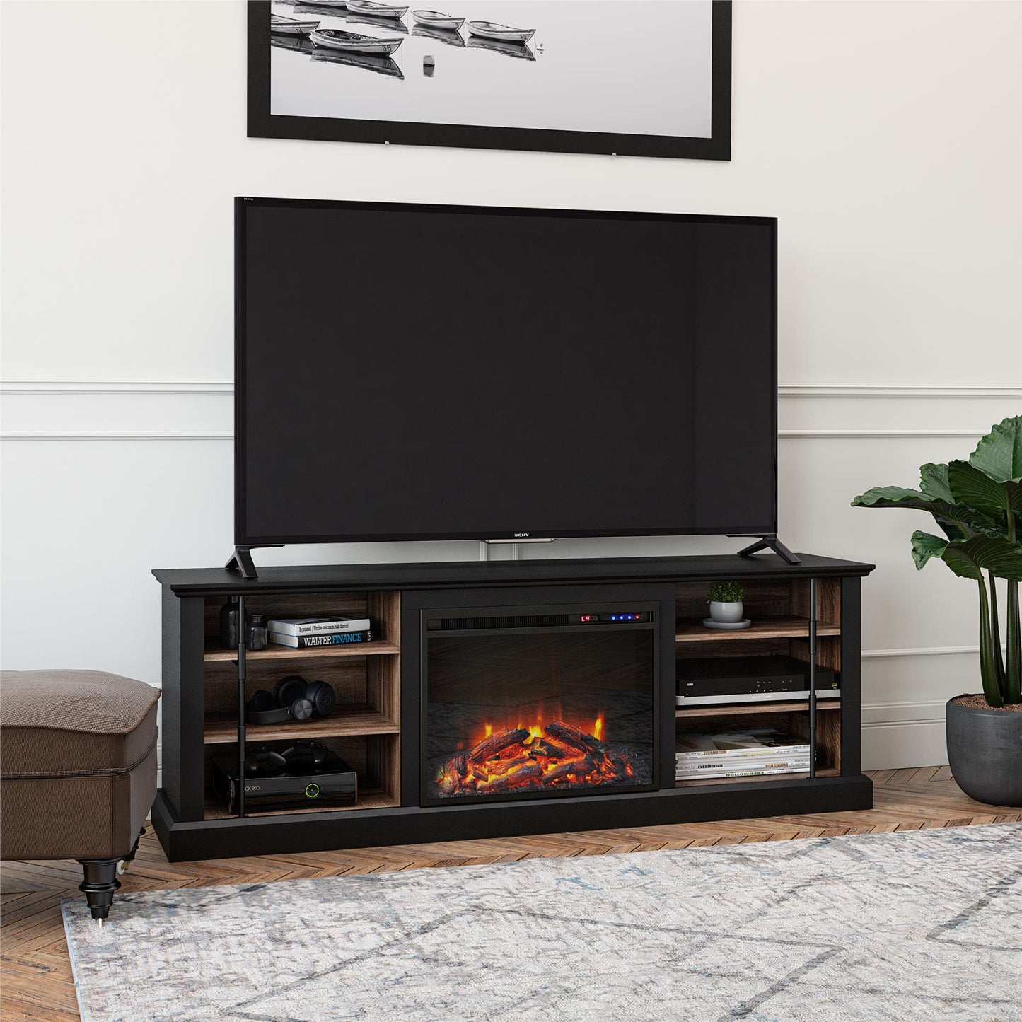 Hoffman Fireplace TV Stand for TVs up to 70 Inch with 23 Inch Fireplace Insert - Black