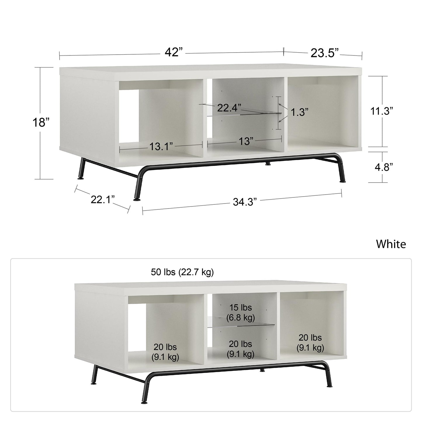 Melbourne Coffee Table with Glass Shelf and 2 Open Compartments - White