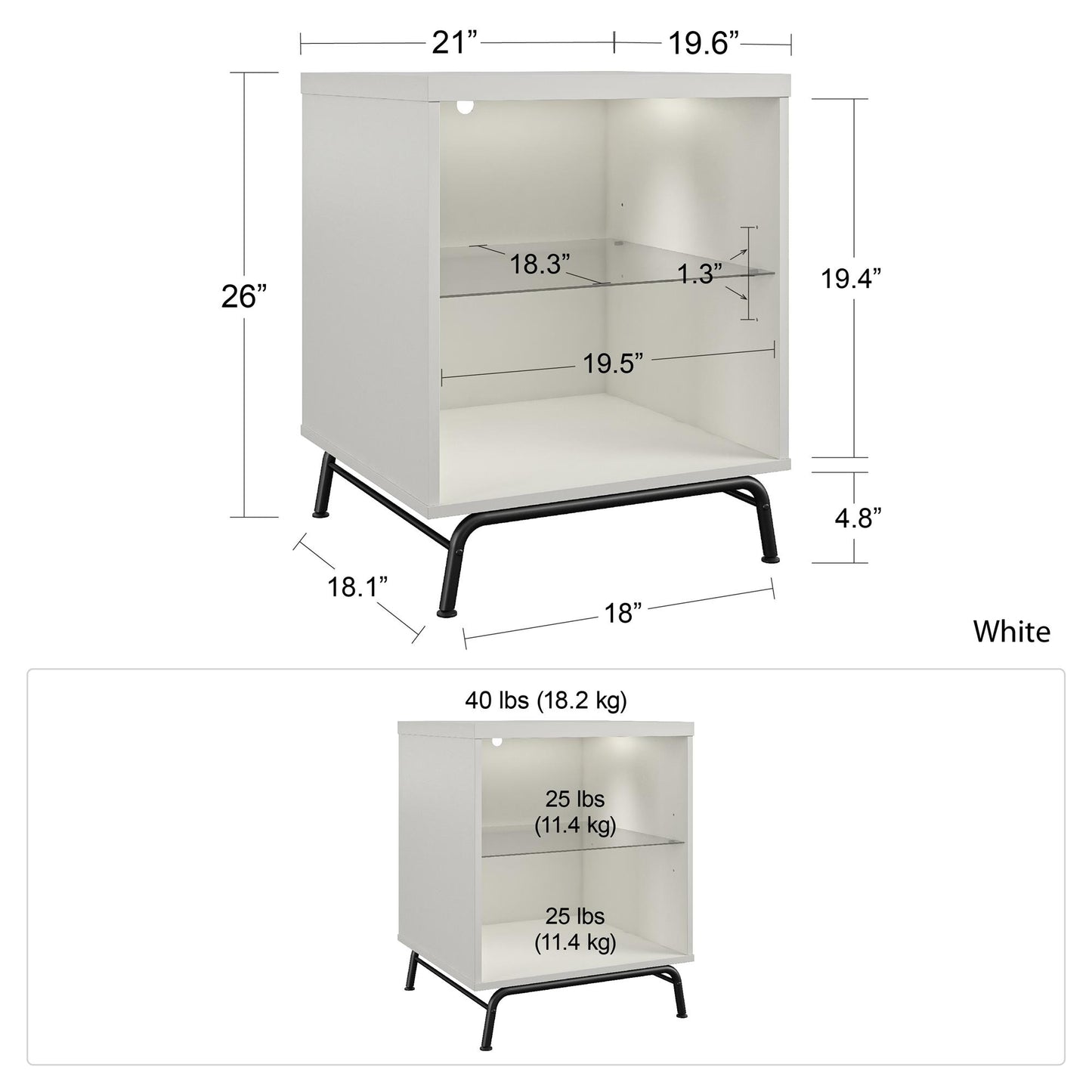 Melbourne End Table with LED Lighting and Glass Shelf - White
