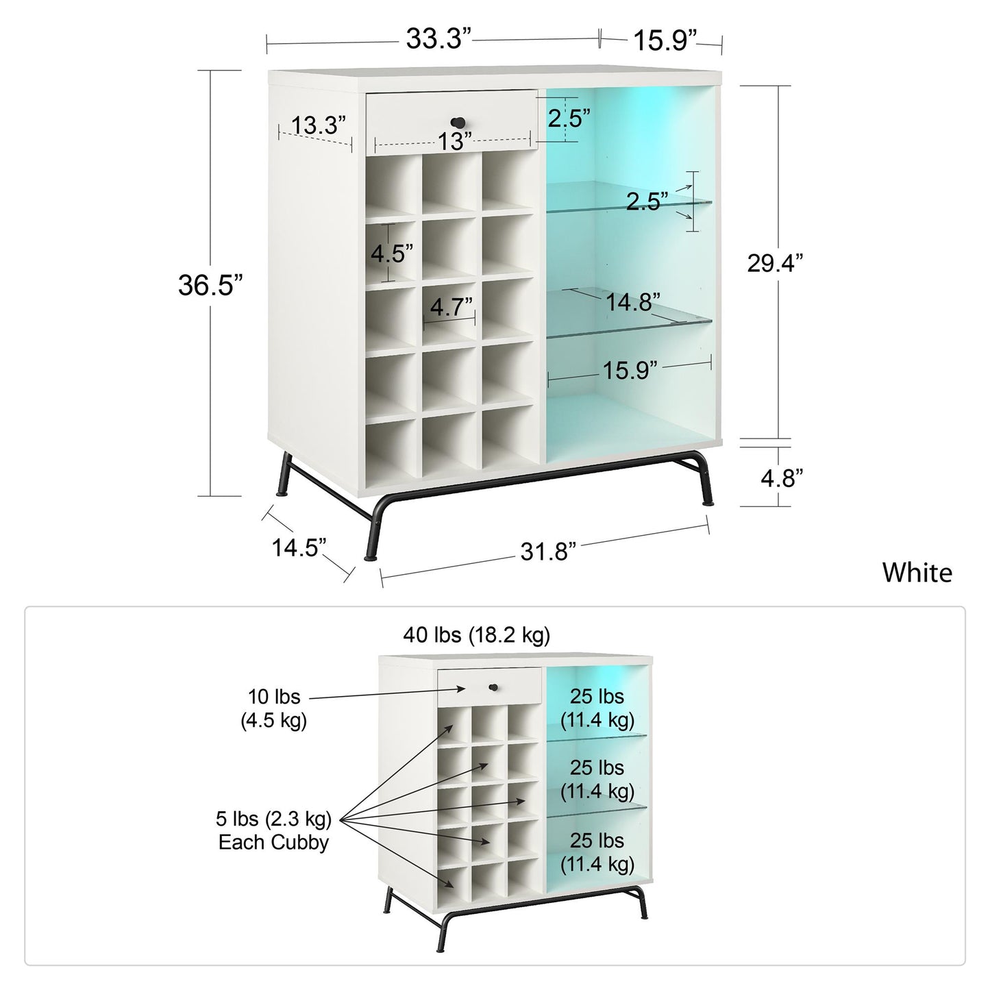 Melbourne Bar Cabinet with LED Lighting and 15 Bottle Compartments - White