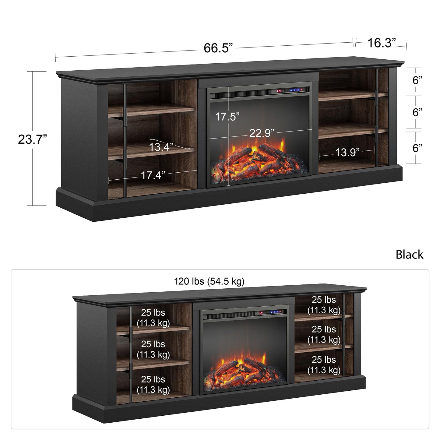 Hoffman Fireplace TV Stand for TVs up to 70 Inch with 23 Inch Fireplace Insert - Black