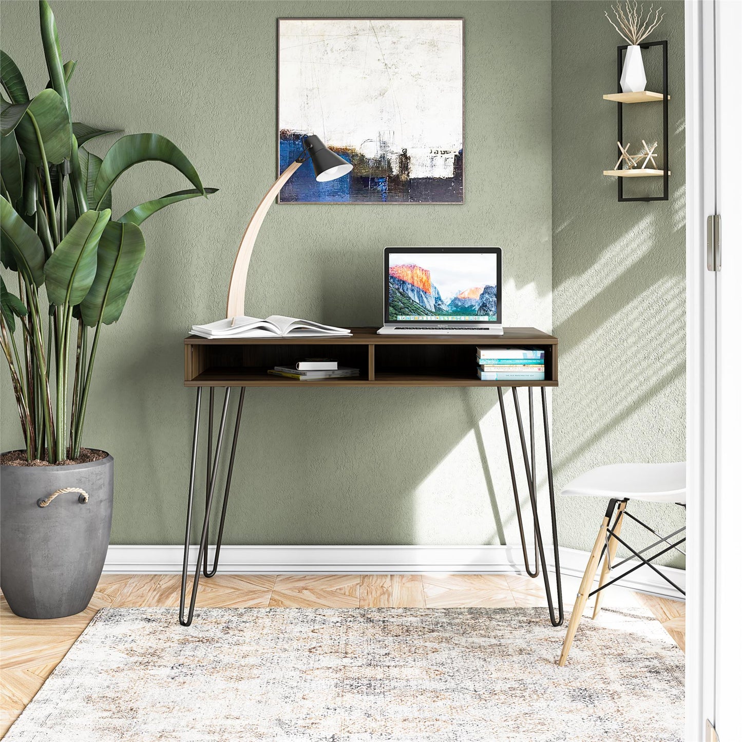 Atwood Computer Desk with Open Storage Shelves and Hairpin Legs - Florence Walnut