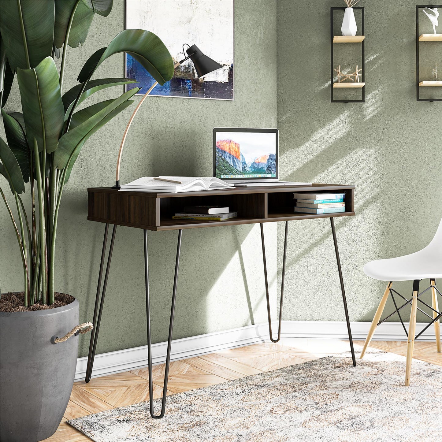 Atwood Computer Desk with Open Storage Shelves and Hairpin Legs - Florence Walnut