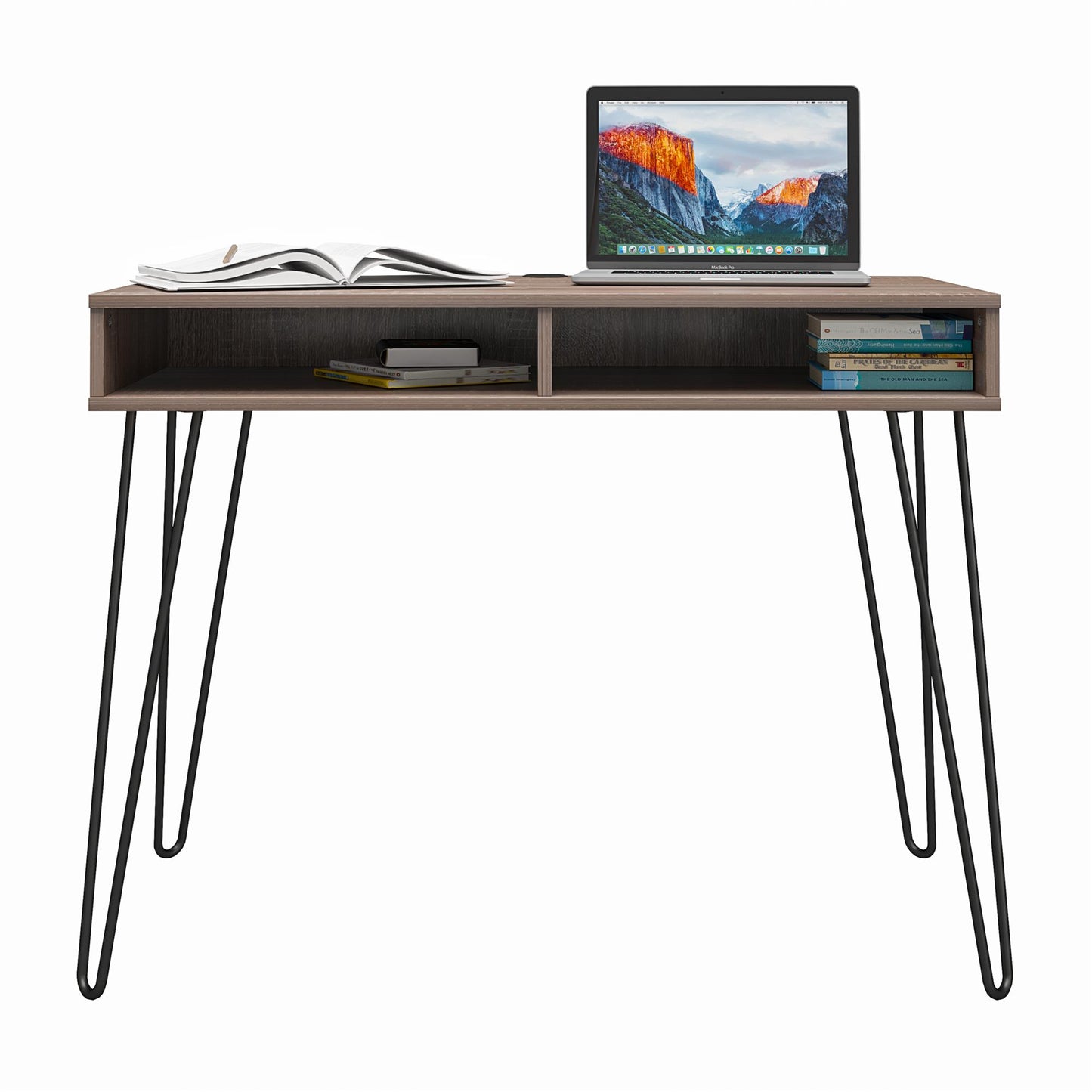 Atwood Computer Desk with Open Storage Shelves and Hairpin Legs - Weathered Oak